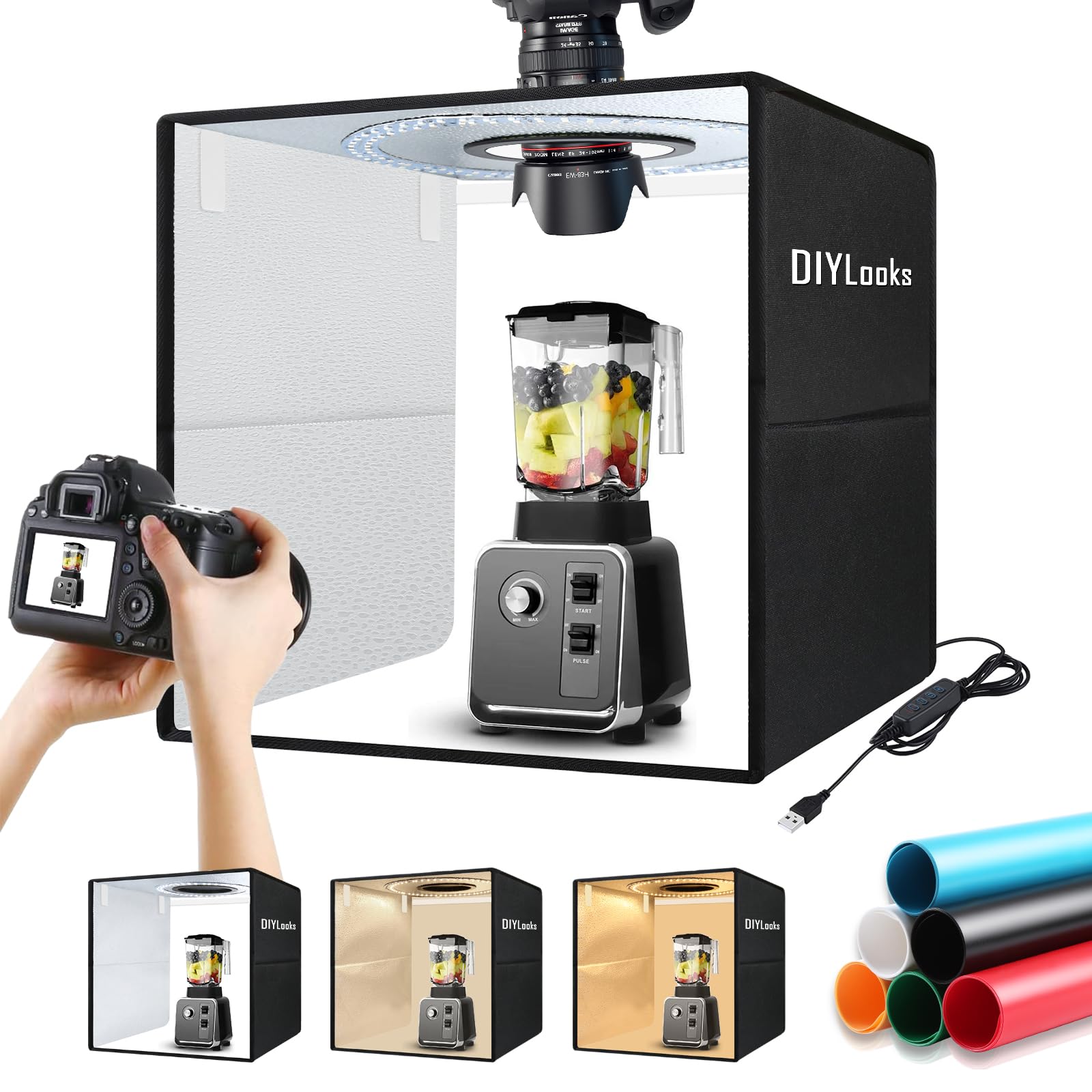 DIYLooks 16x16x16 Inch Portable Folding Photo Studio Box with Dimmable Ring Light (224 LEDs, CRI>95, 3200-6500K) & 6 Backdrops for Product Photography, YouTube Videos, Smartphone