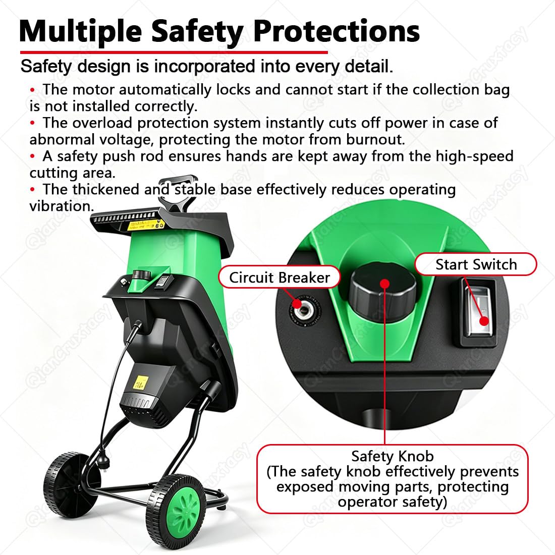 Biotrituradora Electrico De Ramas Green | Trituradora de Madera Eléctrica 2400W con 4500RPM, Reducción de Volumen 20:1, Bolsa de 50L, Diámetro de Corte 40mm, Ruedas