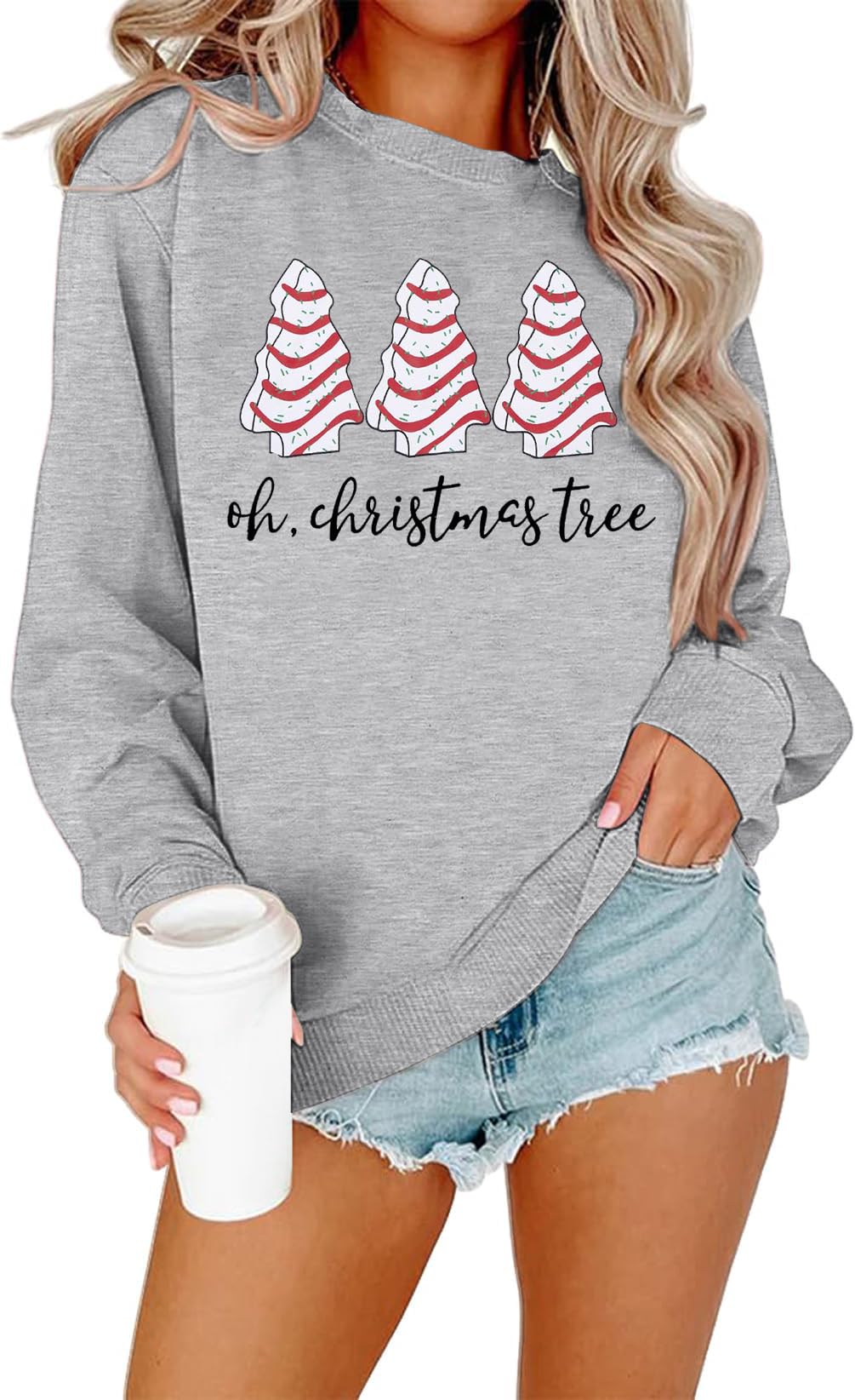 BANGELY Christmas Sweatshirt Women Christmas Tree Cake Graphic Sweater Shirts Xmas Holiday Pullover Cute Long Sleeve Tops