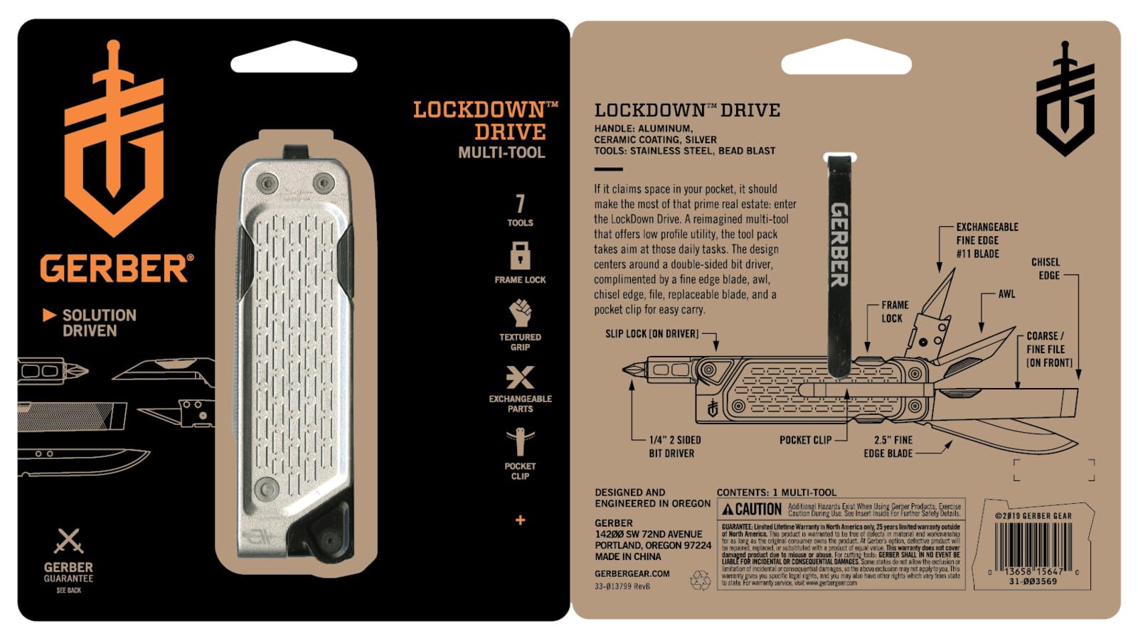 Gerber Wielofunkcyjne narzędzie z 7 funkcjami, nóż z gładkim ostrzem, LockDown Drive, stal nierdzewna/5Cr15MoV, srebrny, 31-003705