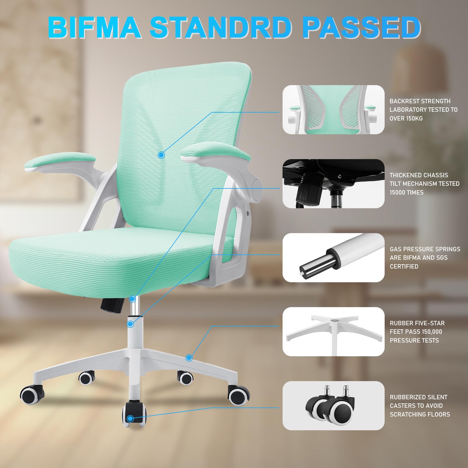 Milacyee Sedia da Ufficio Ergonomica con Supporto Lombare,Regolabile in Altezza,Sedia da Computer con Braccioli Regolabili in Rete Traspirante,Verde
