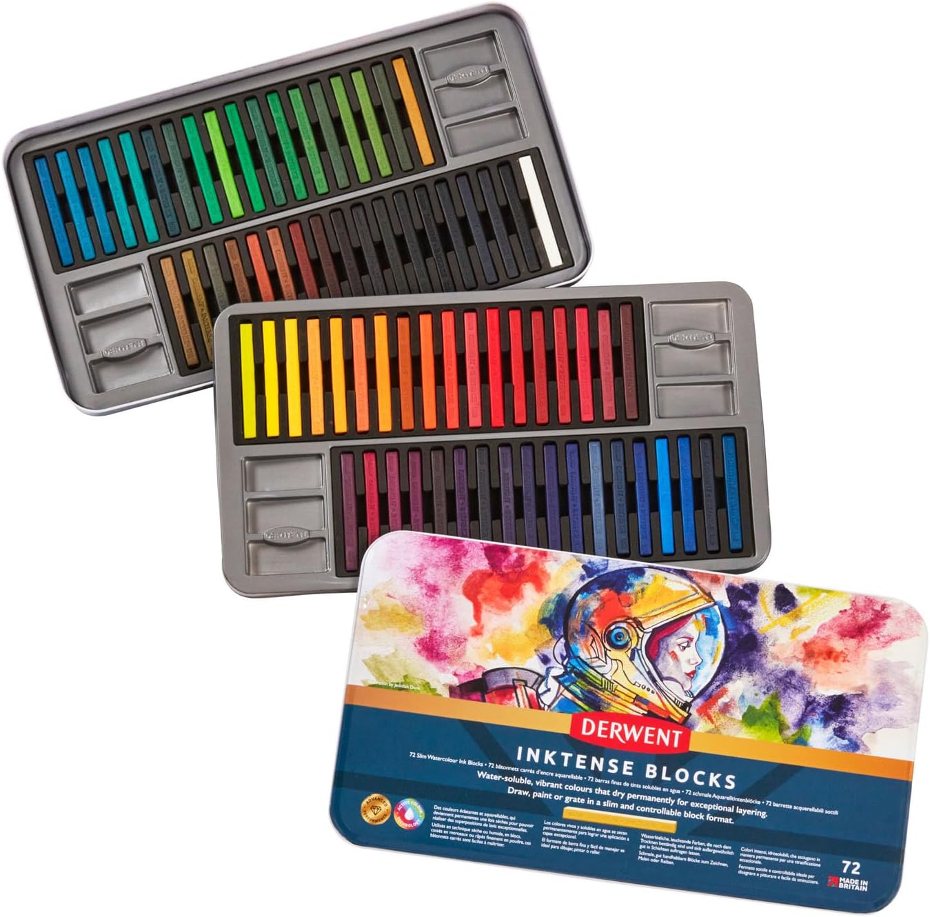 Derwent Inktense Watersoluble Ink Blocks Tin,Ideal For Bold Designs,Use On Fabrics,Wax Based,Professional Quality 2301980 (Set Of 72),Multicolor