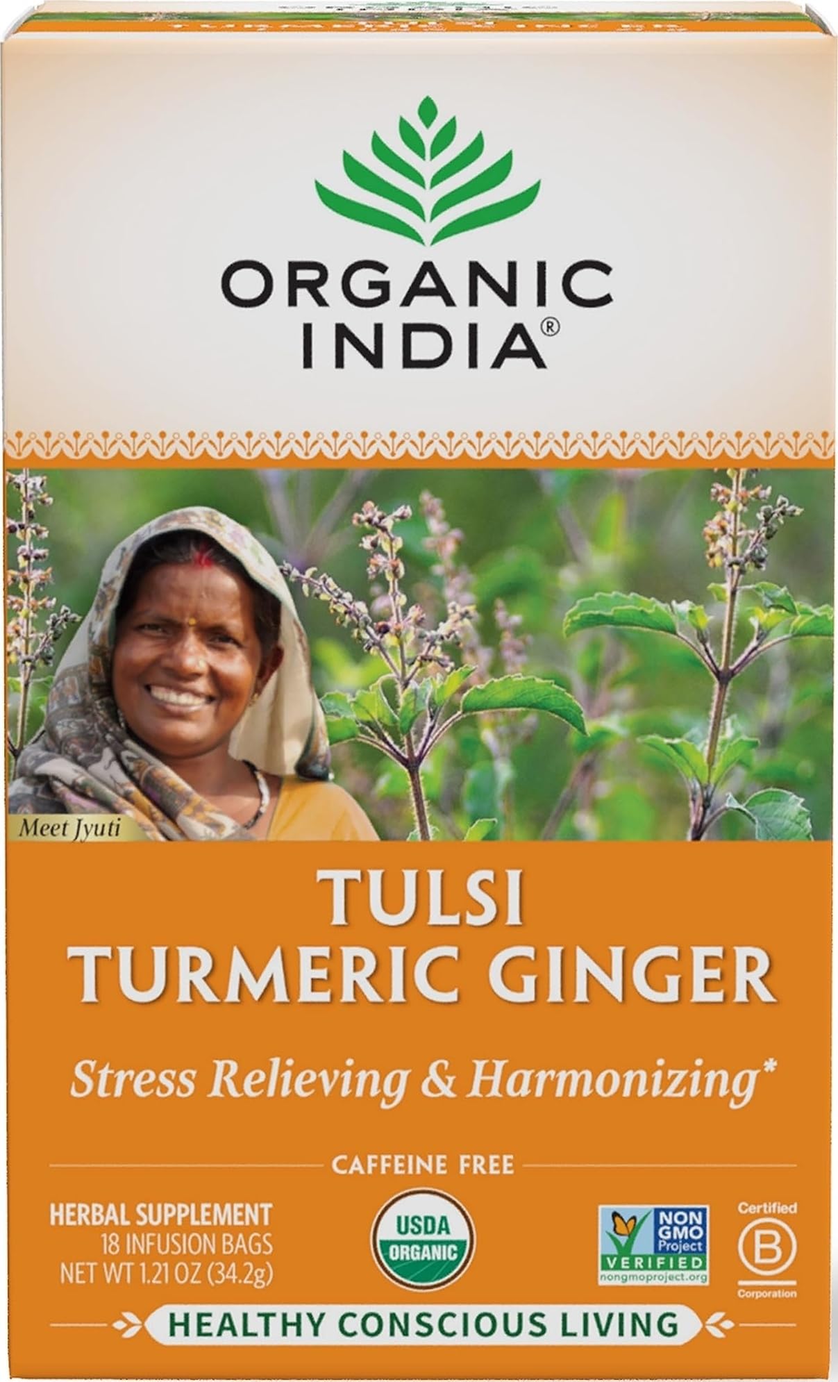 Organic India Tulsi Ginger Turmeric Tea, 18 Individually Wrapped Tea Bags