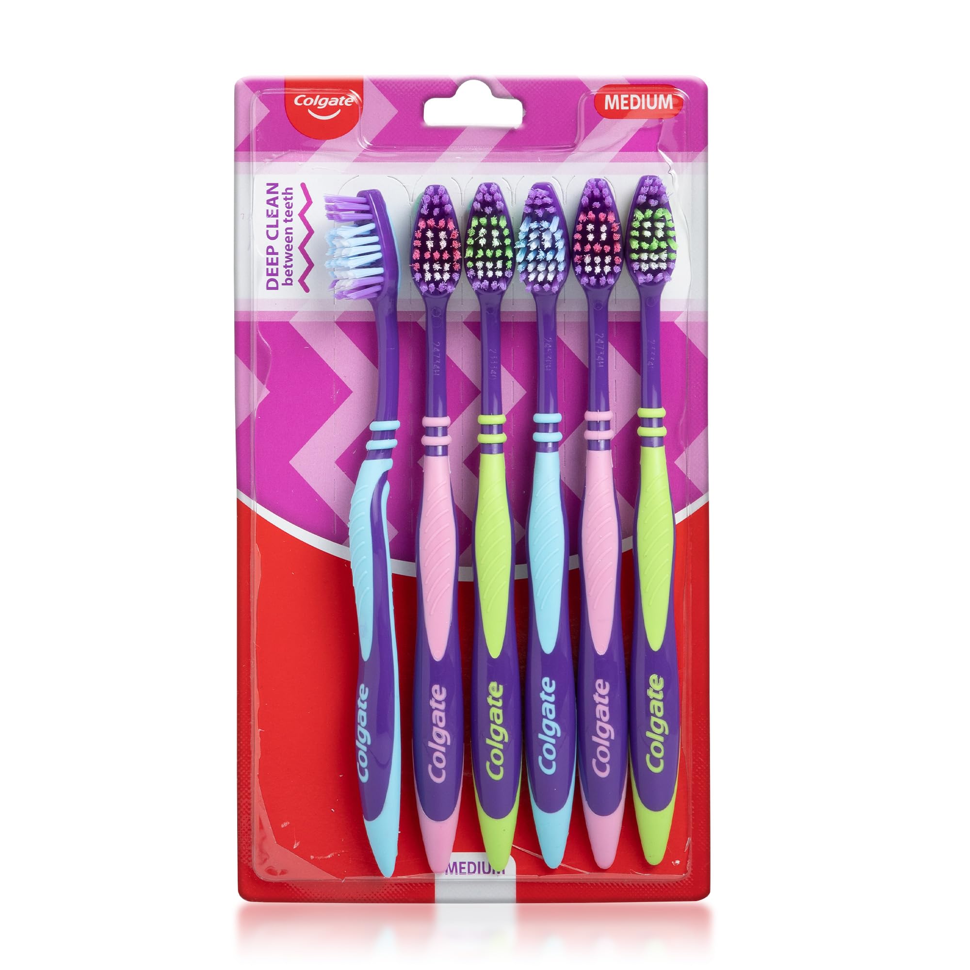 Colgate ZigZag Manual Toothbrush for adults, Pack of 6 Medium Multicolour Soft Tooth brush, Antibacterial with Compact Brush Head for Deep & Complete Cleansing