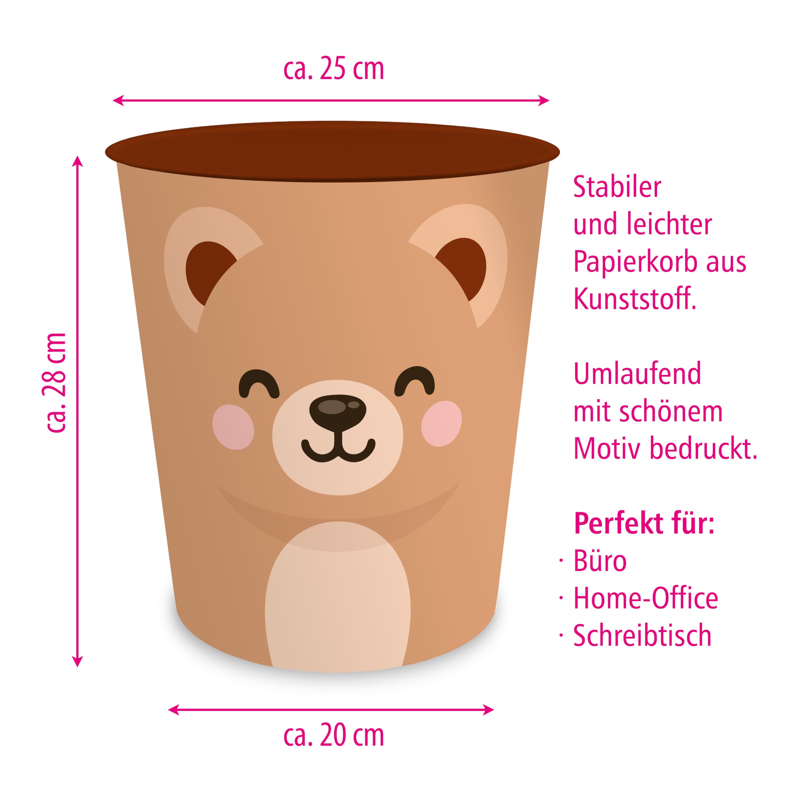 itenga Papelera para niños con diseño de animales, diseño Kawaii, redonda, aprox. 11 litros, cubo de basura para habitación infantil, plástico estable (oso)