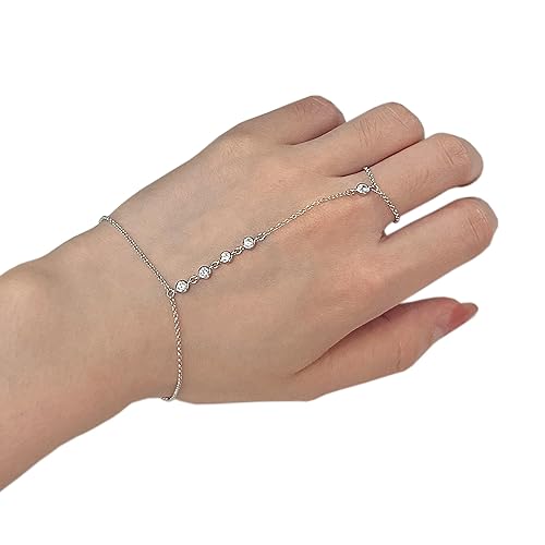 925 Sterling Silver CZ Diamond Finger Ring Bracelet Hand Chain for Women, Slave Bracelets 7" to 9" Adjustable