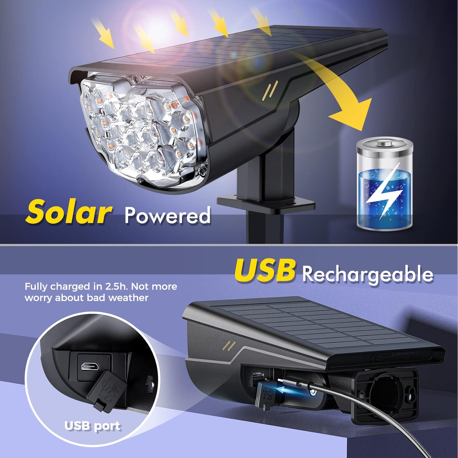 AloftSun solar spotlight demonstrating both solar charging and USB charging capabilities.