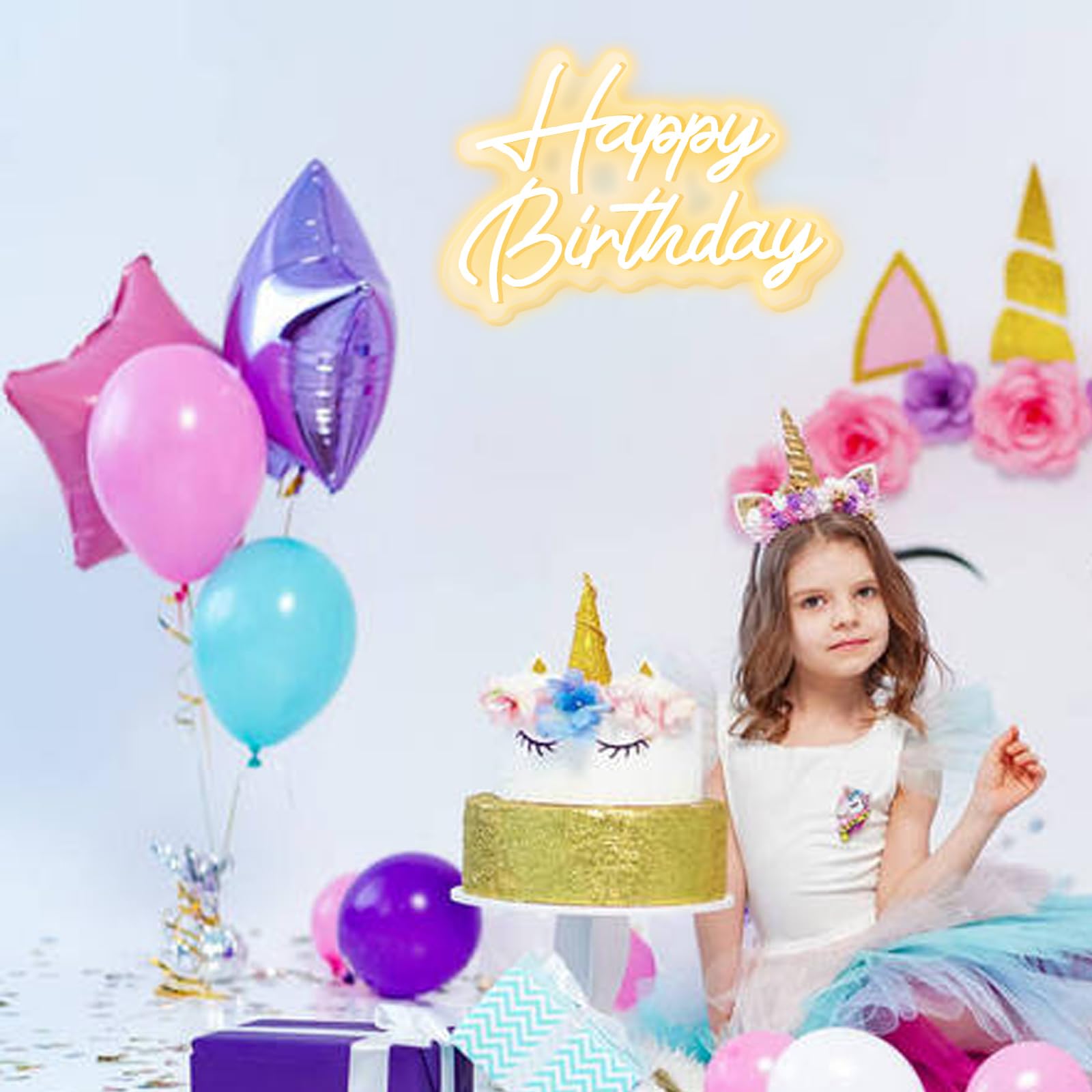 Neonowe znaki LED "Happy Birthday", ciepła biel, dekoracja ścienna, podświetlany znak USB, na przyjęcie urodzinowe, Święto Dziękczynienia, Boże Narodzenie, dekoracja sypialni, 5 V (16,5 x 28 cm)