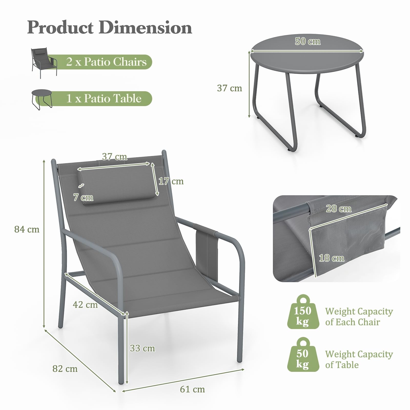 KOMFOTTEU Set di 3 mobili da balcone con 2 sedie da giardino e tavolino, set di mobili da giardino in ferro e tessuto, set da giardino per balcone e terrazza