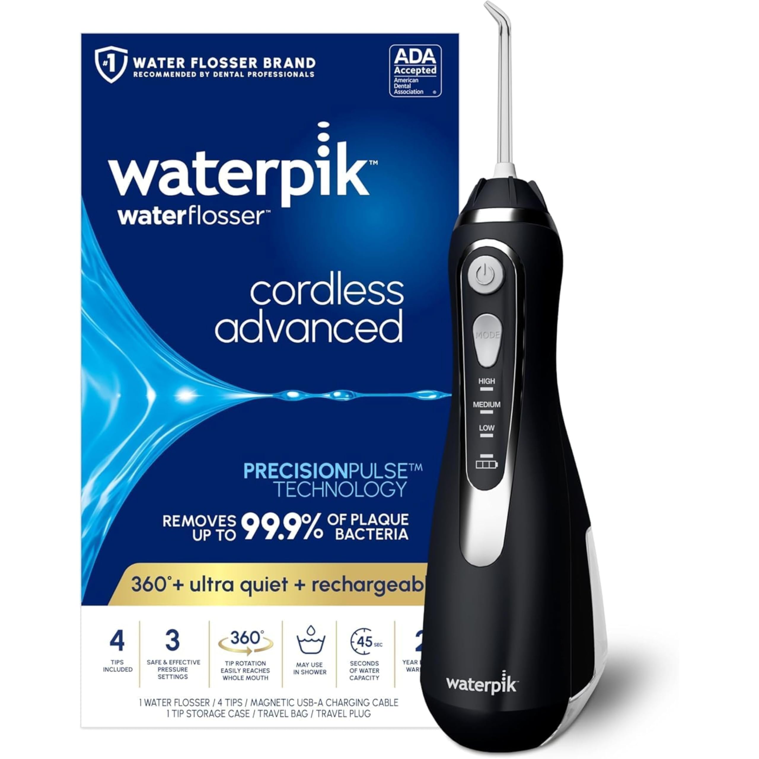 Waterpik Cordless Advanced 2.0 Water Flosser For Teeth, Gums, Braces, Dental Care With Travel Bag and 4 Tips, ADA Accepted, Rechargeable, Portable, and Waterproof, Black WP-582, Packaging May Vary