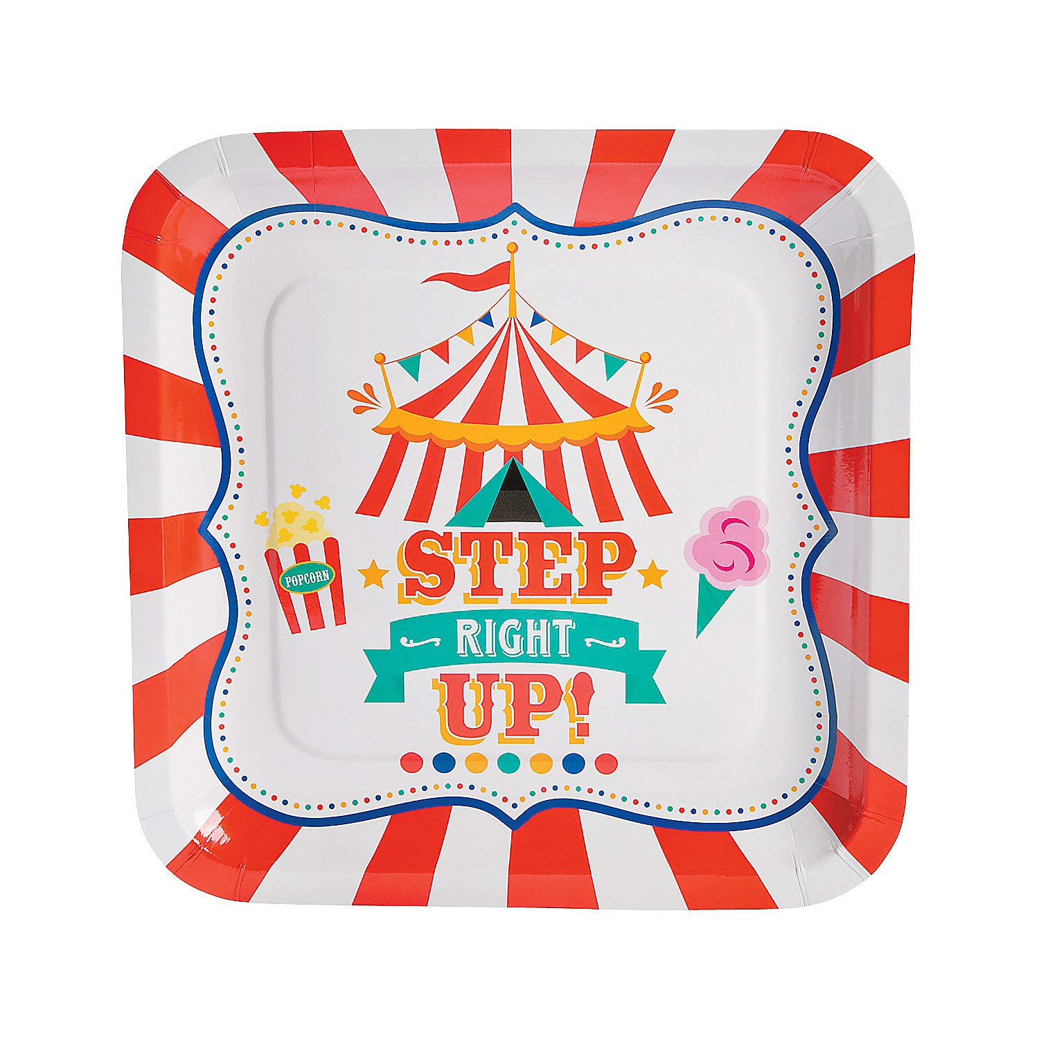 Fun Express Step Right Up Carnival Party Square Paper Dinner Plates - Carnival Themed Disposable Dessert Paper Plates - Decorations Tableware for Birthday Baby Shower - Party Supplies - 8 Pieces