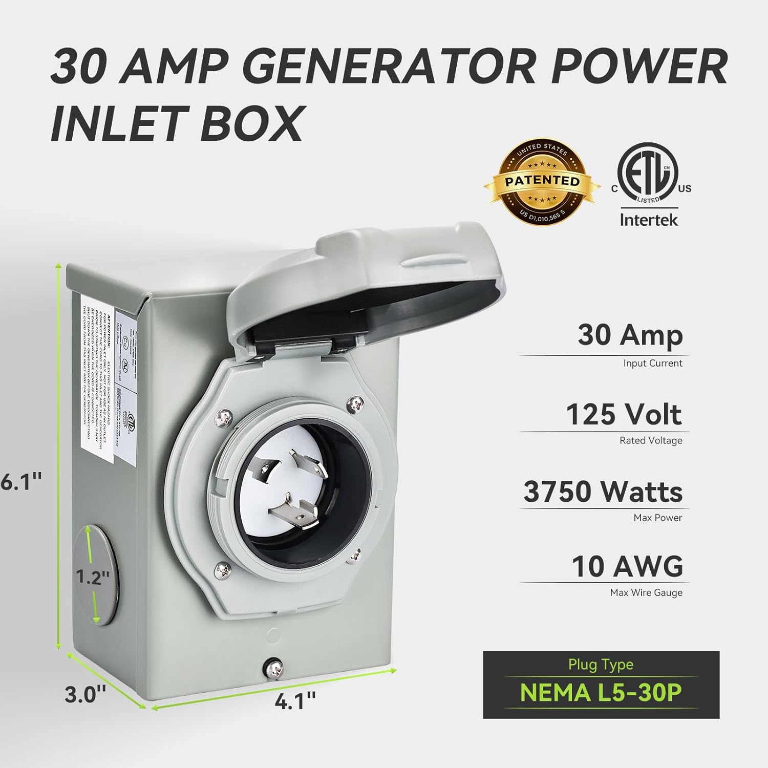 RVMATE Pre-Drilling 30 Amp Generator Power Inlet Box NEMA L5-30P 125V 3750W Power Inlet Box, Waterproof for Outdoor Use