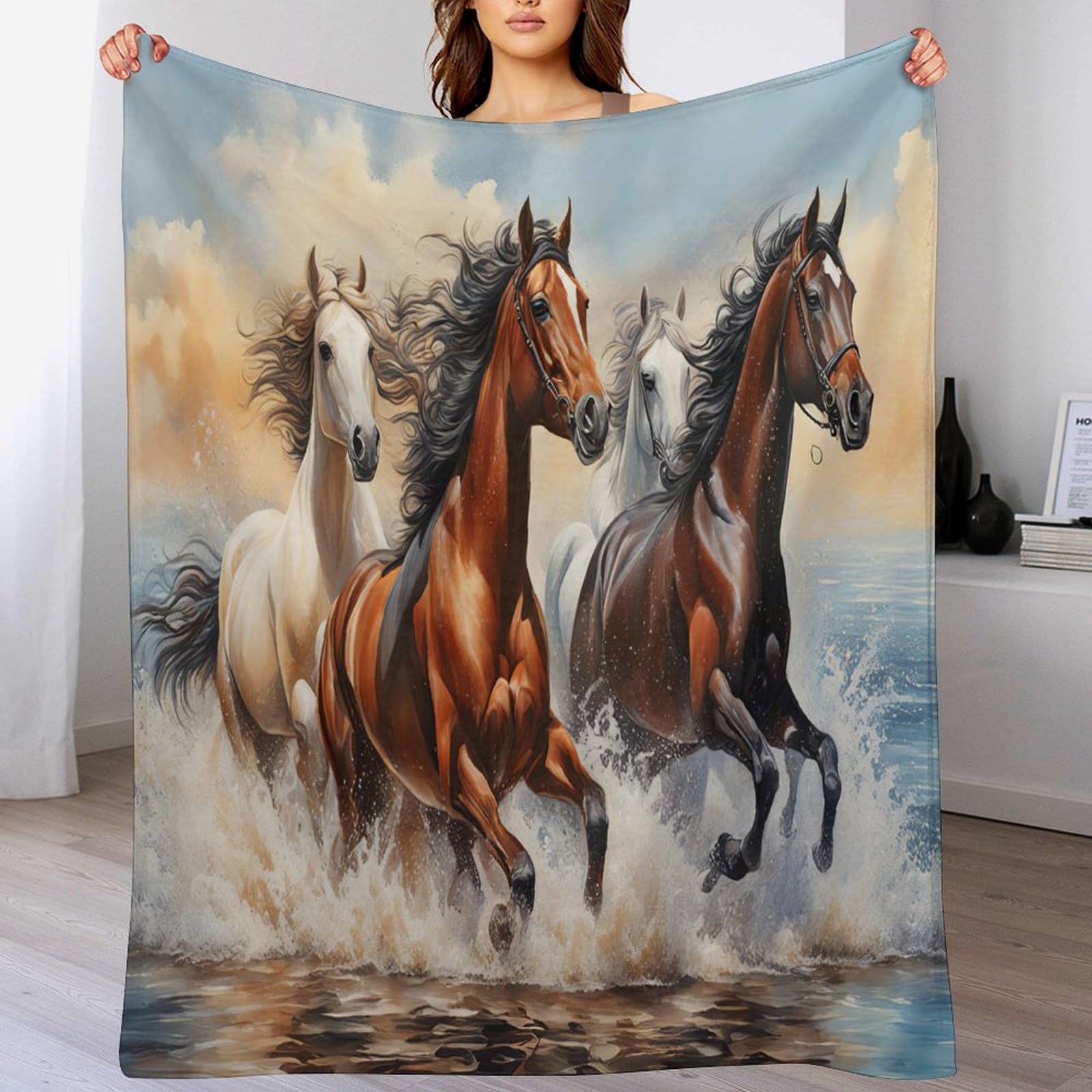 Couverture polaire cheval 150x200 cm en plaid flannel pour lit et canapé