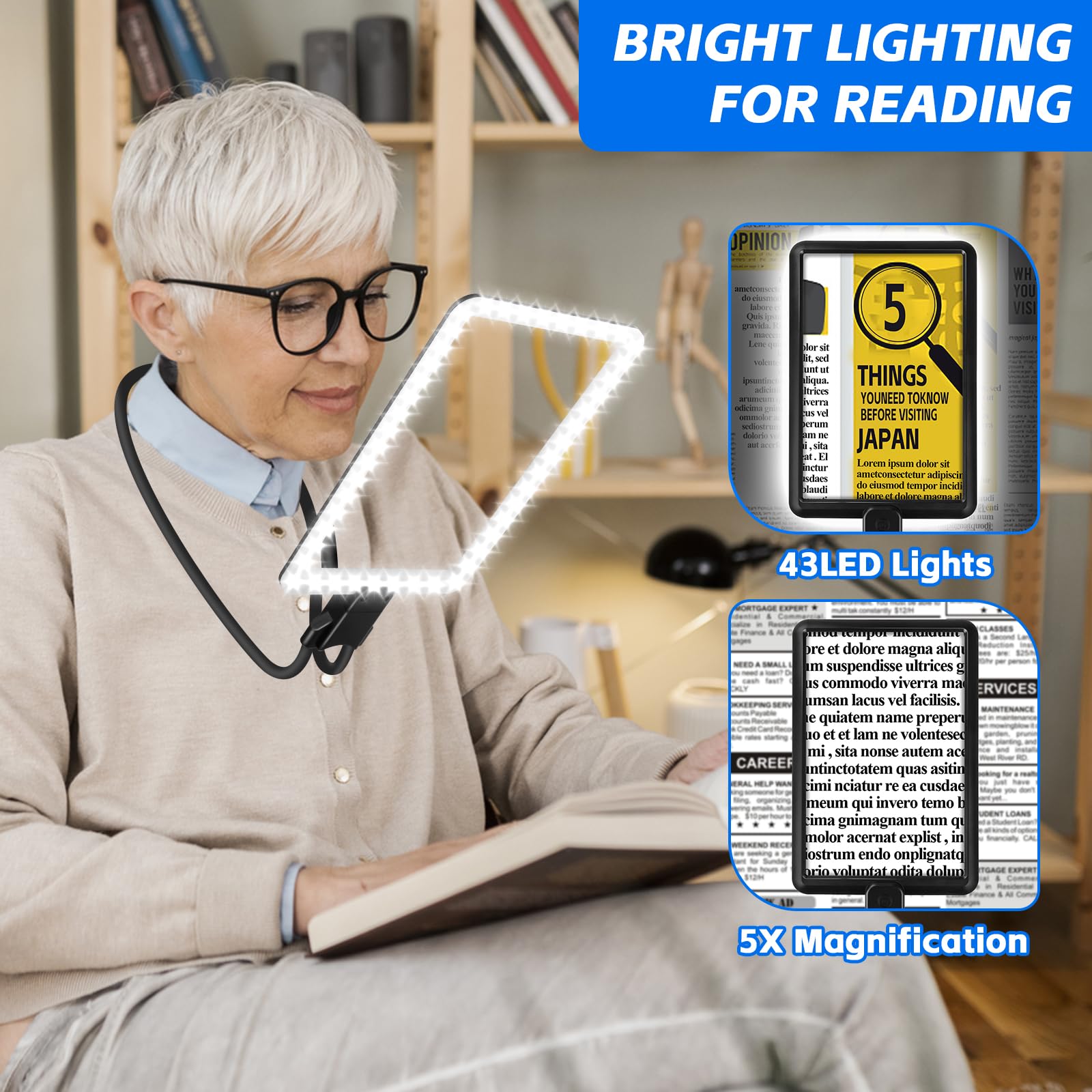 Lente D'Ingrandimento Ricaricabile 5X Con LED - Appendi Al Collo O Appoggia, 43 Luci Per Leggere E Lavorare Senza Fatica - Foto 4