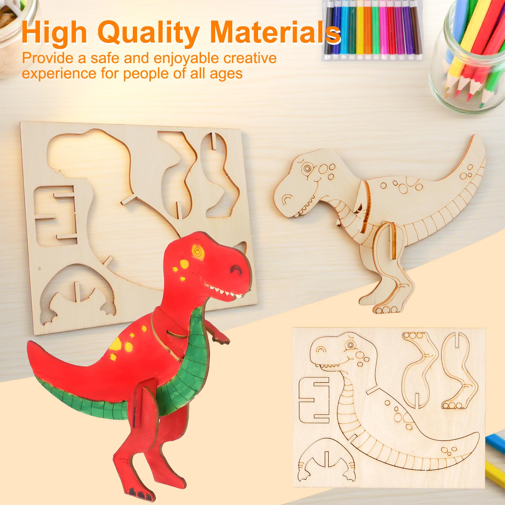 Fulushouxi Zestaw do majsterkowania z 10 dinozaurami z drewna, 3D puzzle z dinozaurami, zestaw DIY do urodzin smoka do malowania i robótek, materiały do robótek na imprezę z 12 piórami