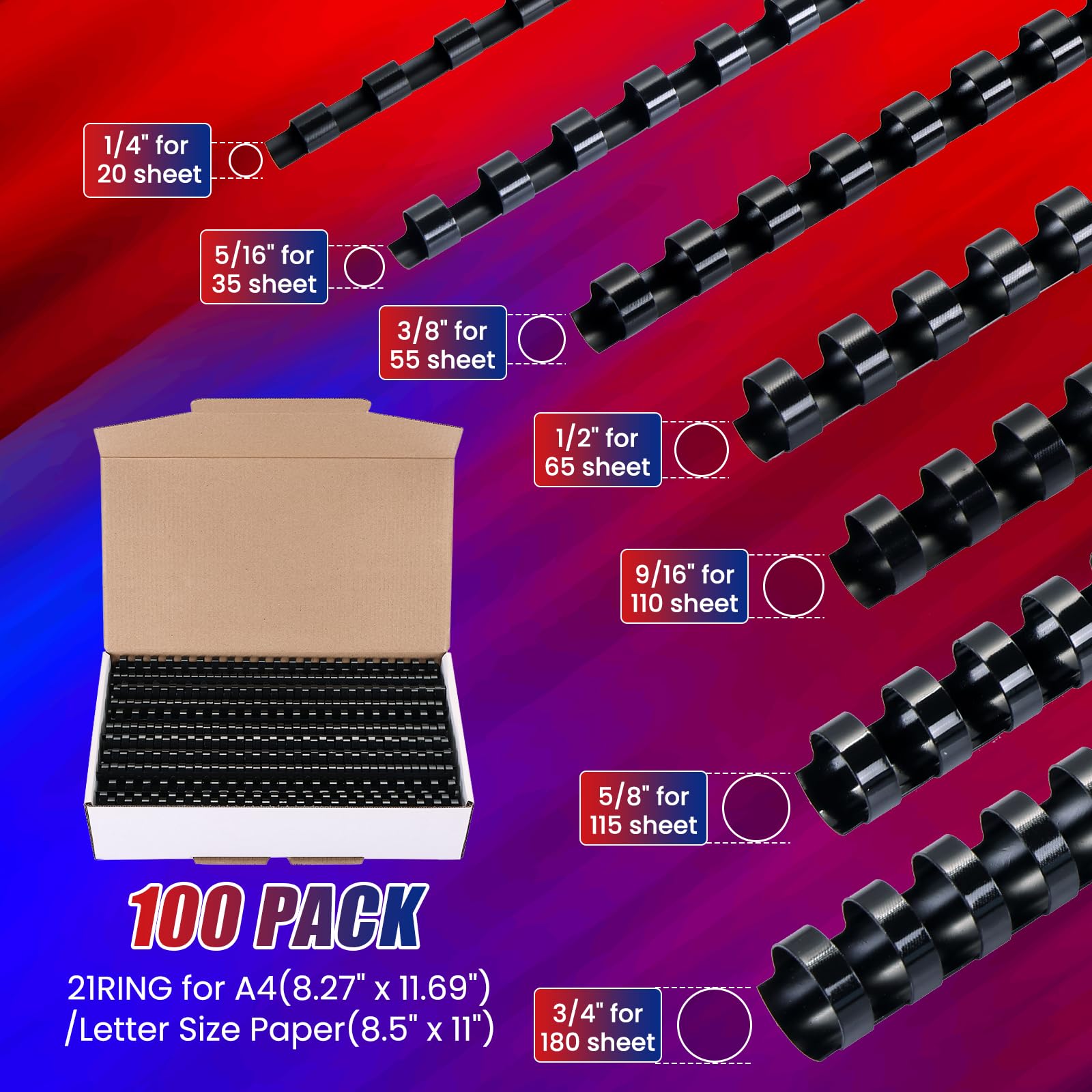 NYXOVA Plastikbinderücken mit 21 Ringen, 14 mm Durchmesser, schwarz, 21-Loch-Binderücken, 110 Blatt Kapazität, perfekt für A4-Papier, Notizbuch, Büro, Schule, 100 Stück