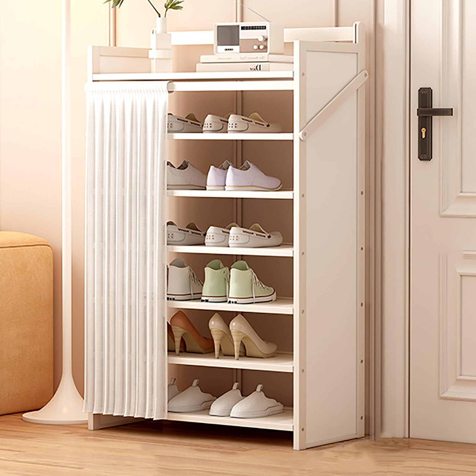 Foldable Shoe Rack No Assembly Required Bamboo Shoe Indoor/Outdoor Storage Shelf Independent Shoe Cabinet for Entryway Camping 2 Tier Black Color(White-7 Layers 19.7in)