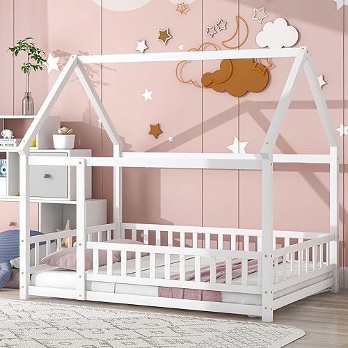 Miniatura 8 de Altillo Cama de casa con valla, camas Montessori de madera para niños con techo, cama de tienda, cama de piso de madera, marco de cama estilo casa