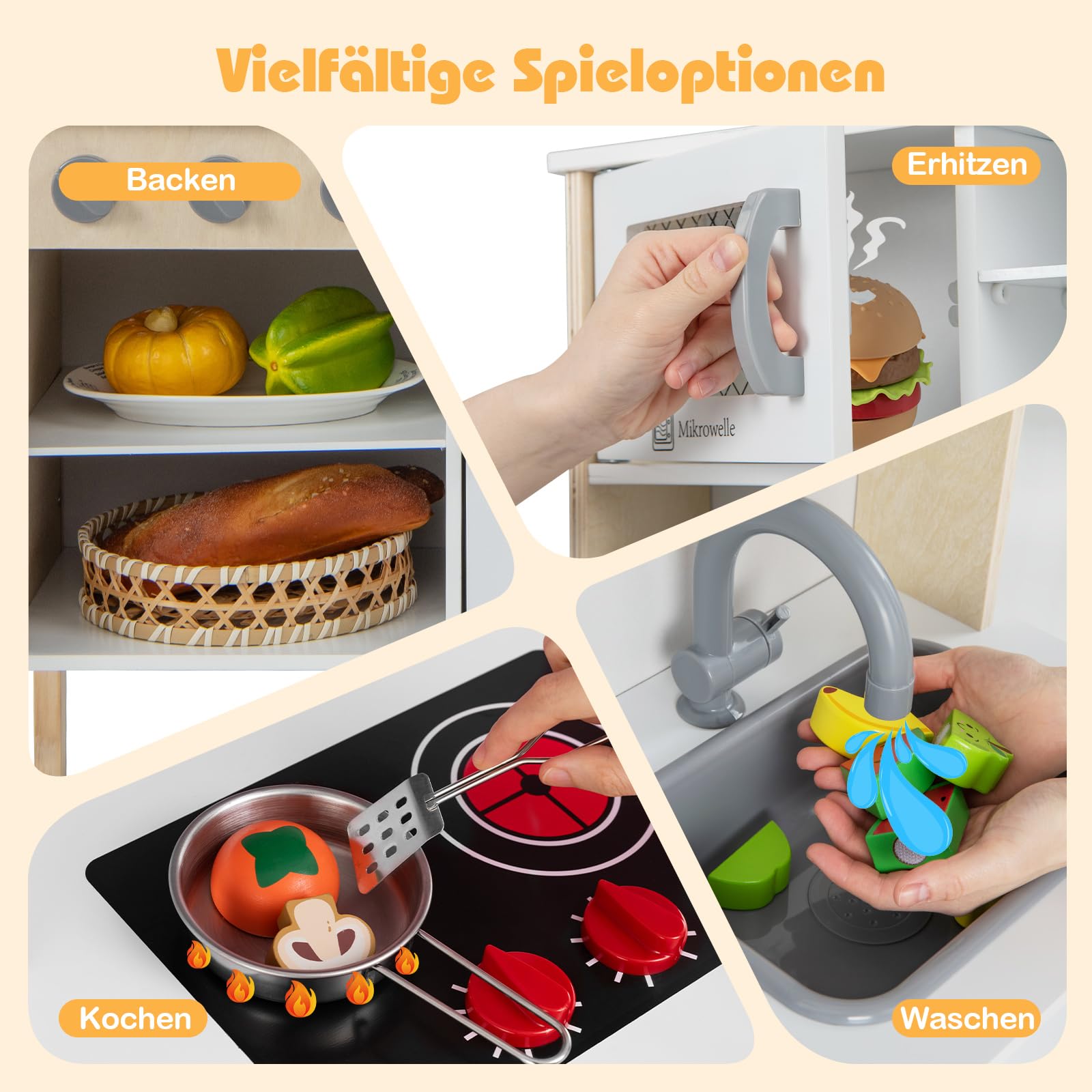 GOPLUS Drewniana kuchnia dla dzieci z kuchenką mikrofalową, zlewem, kranem, kuchenką gazową, okapem, kostkarką do lodów i piekarnikiem, zabawkowa kuchnia drewniana dla dzieci od 3 lat (biała)