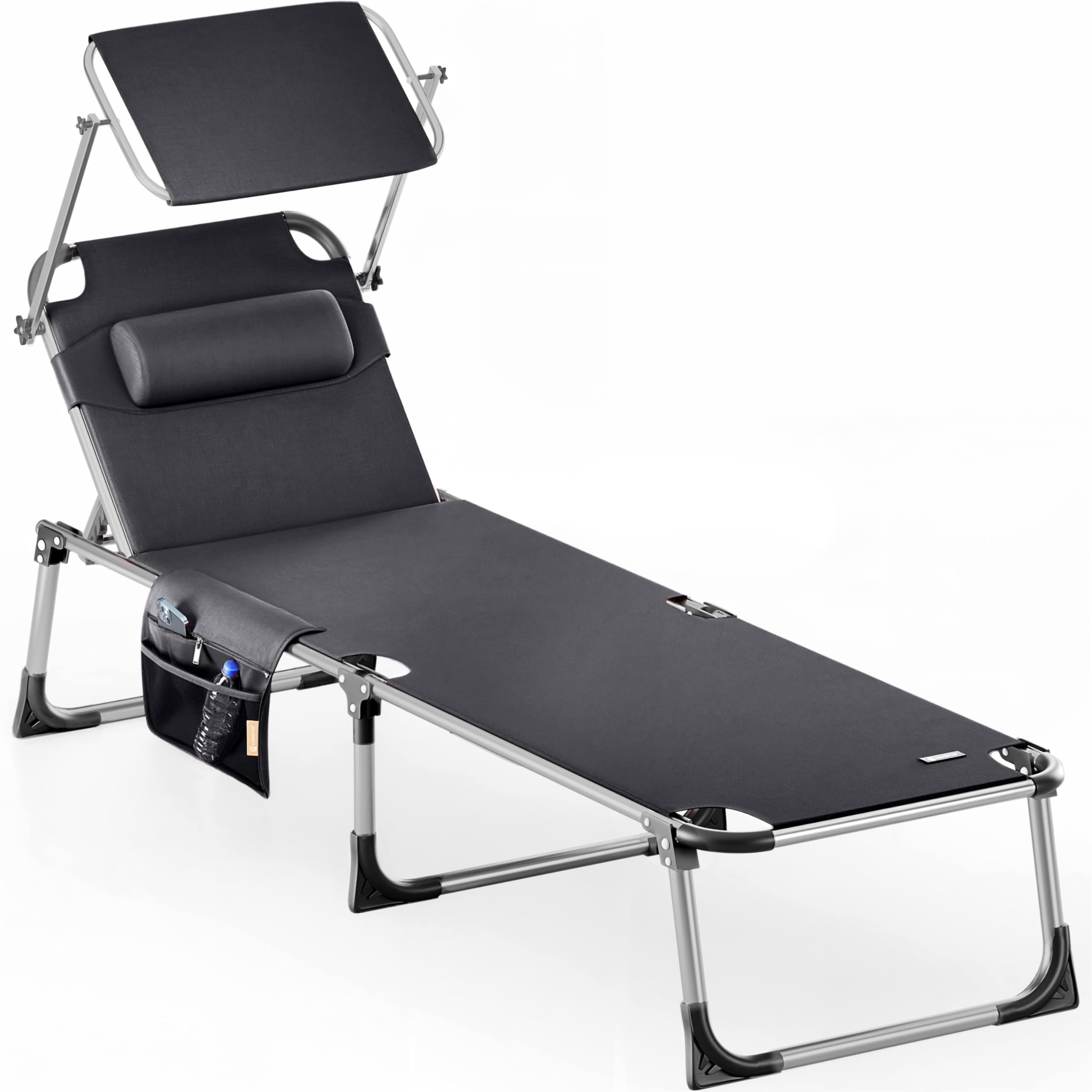 Casaria Chaise Longue de Jardin Malta Anthracite 210cm Transat avec Pare-​Soleil réglable Bain de Soleil Pliable de Plage Camping