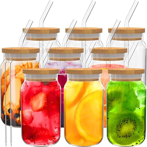 Vasos para beber con tapas de bambú y popote de vidrio de 16 onzas, 9 tazas de café helado, lindo vaso para batido, jugo, cerveza, té, whisky,