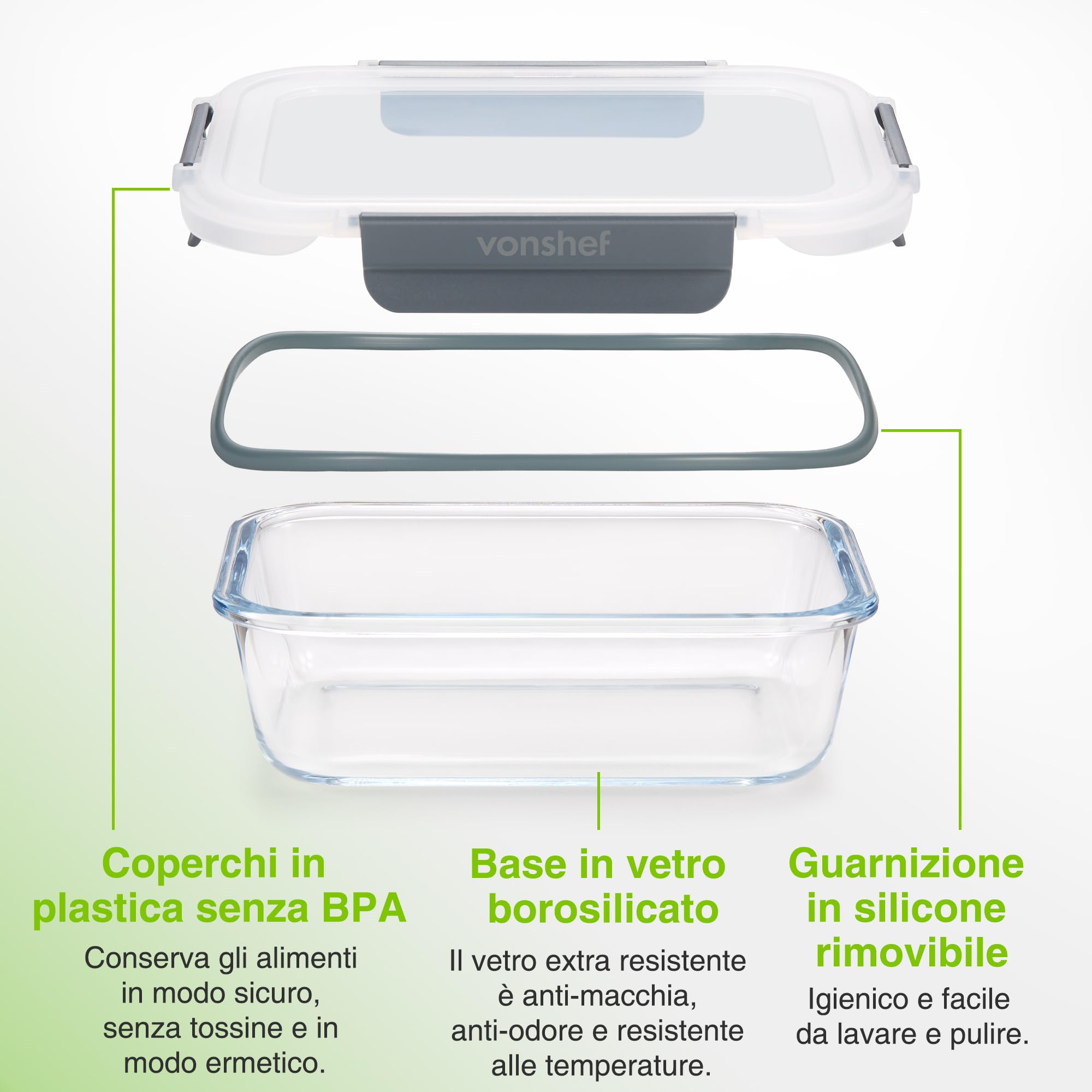 VonShef Contenitori in vetro con coperchi – set da 10 lunch box per meal prep da 1 L e 370 ml, adatti a forno e lavastoviglie, sigillo ermetico anti-perdita, ideale per batch cooking