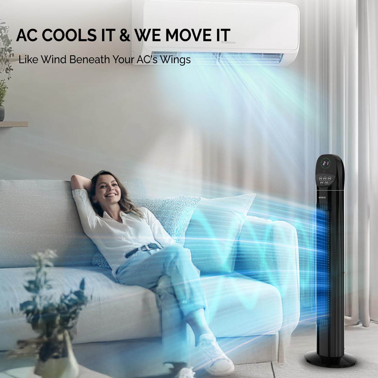 ROVSUN Ventilateur Colonne Silencieux, Ventilateur Tour 34'' (87cm), 35dB, Télécommande, Écran Tactile, Oscillation 90°, 3 Vitesses, 3 Modes, Minuterie 9H, 50W, Noir, Idéal pour Chambre, Salon, Bureau