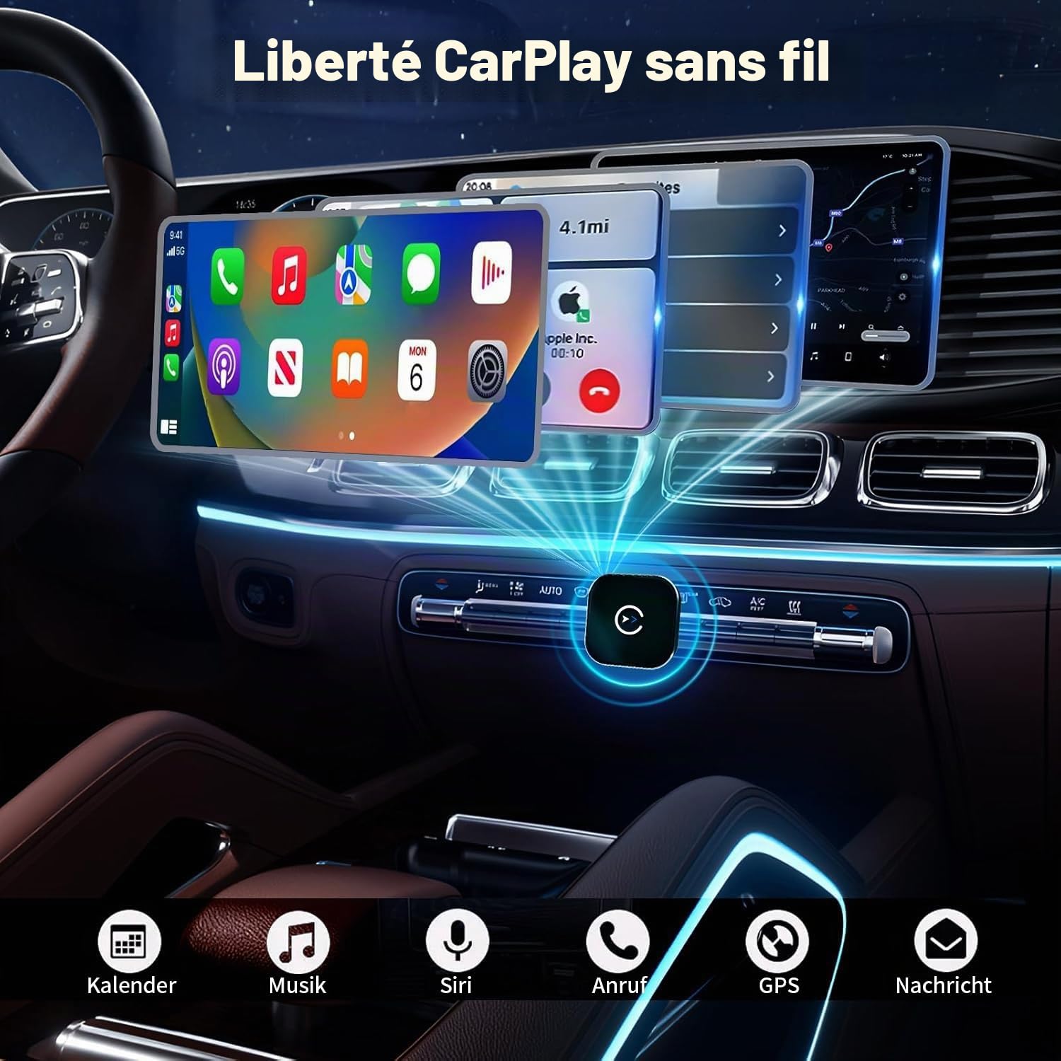 Adaptateur CarPlay Android Auto sans Fil 2026, Bluetooth 5.3 WiFi 6, Plug & Play USB-A avec câble USB-C, Connexion Stable pour iPhone et Android, Navigation Musique appels Voiture sans câble