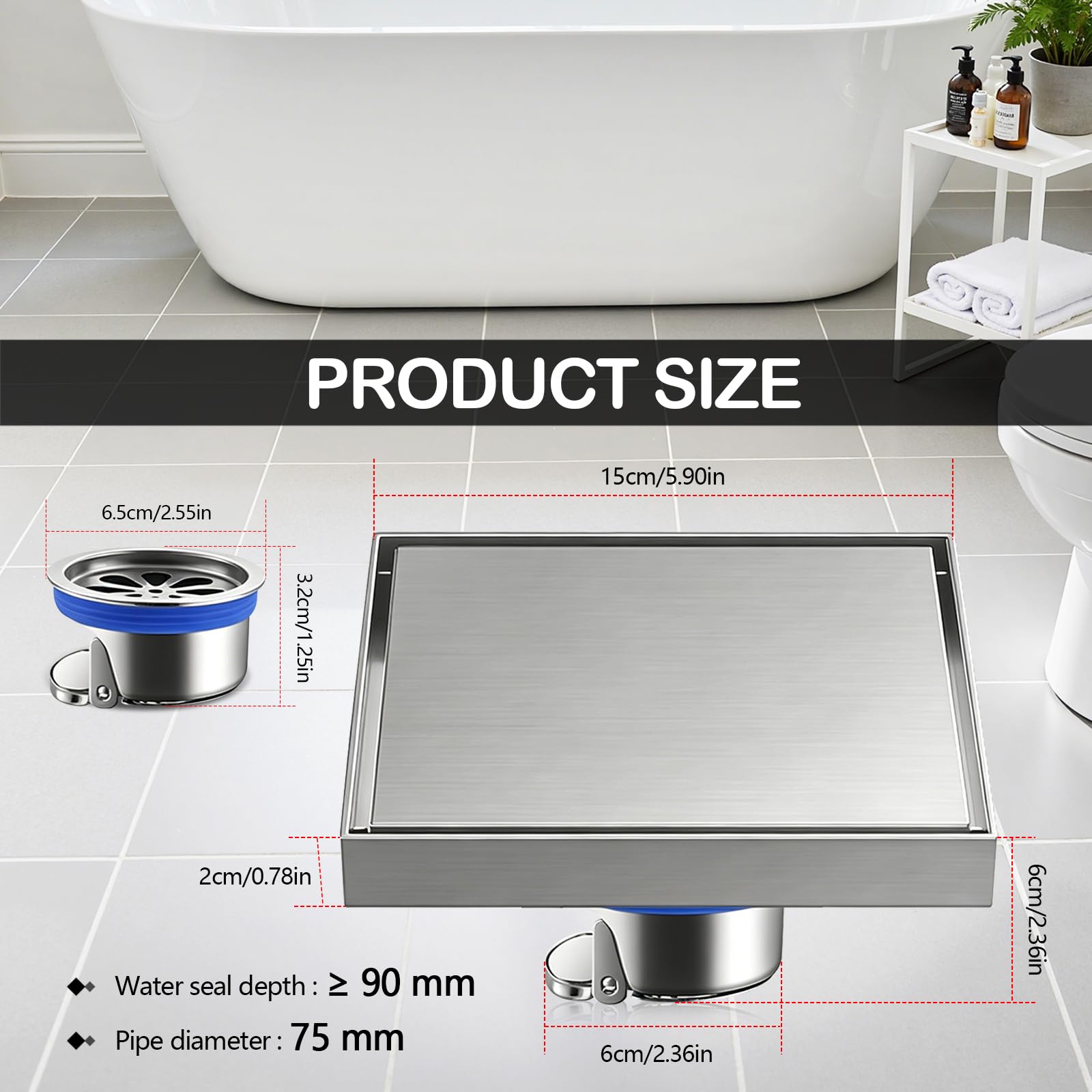 Scarico Doccia a Pavimento Quadrato, 15 x 15 cm Piletta Doccia Invisibile in Acciaio Inox, Canale di Scarico con Filtro per Capelli e Valvola Antiodori, per Bagno Cucina Cantina e Garage