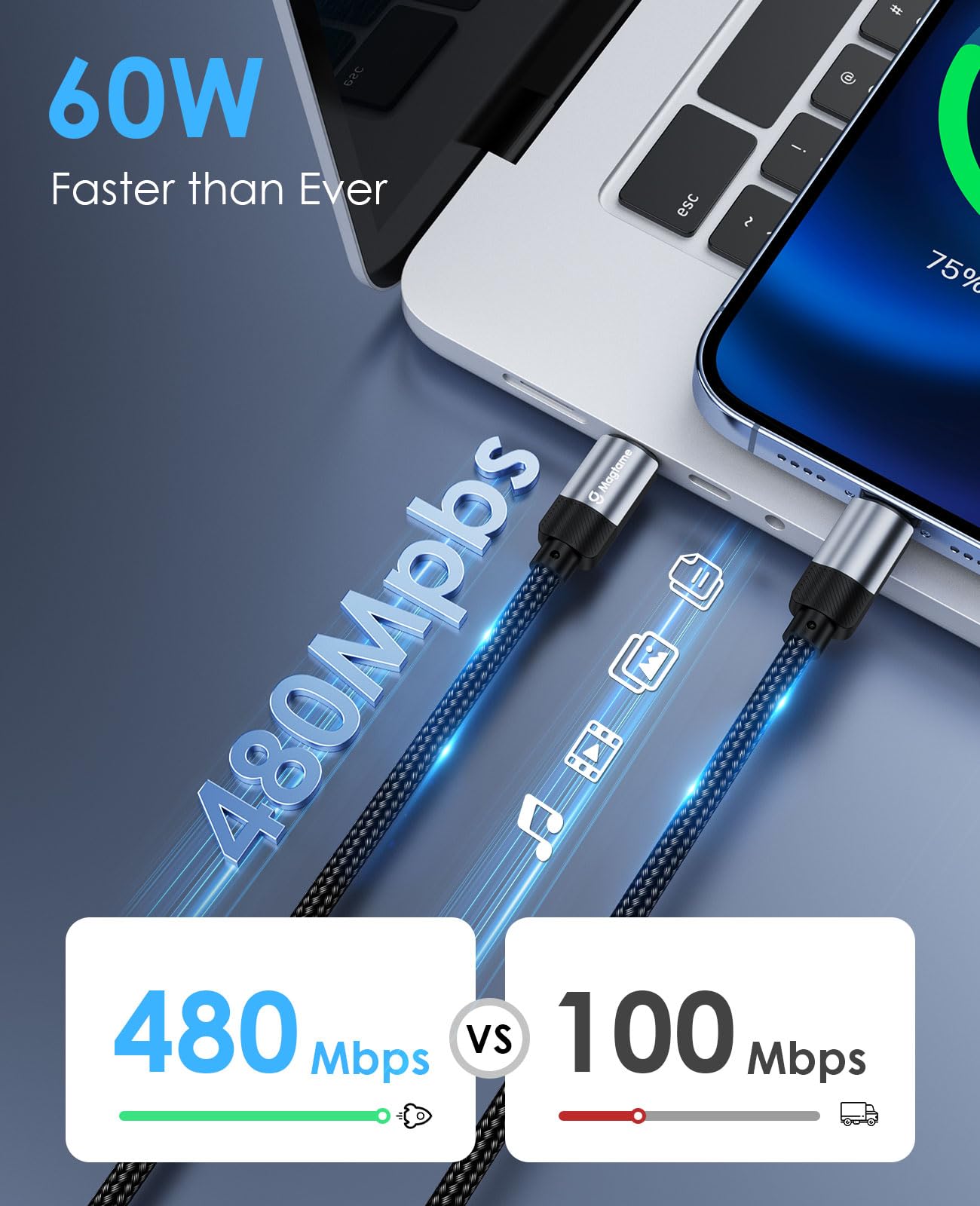 Magtame Cavo USB-C magnetico da USB-C a USB-C da 60 W (3 A) per i_Phone 15 Pro Max Plus, cavo di ricarica rapida a spirale in nylon di tipo C per Samsung, per Pad, Macbook, design originale Patent