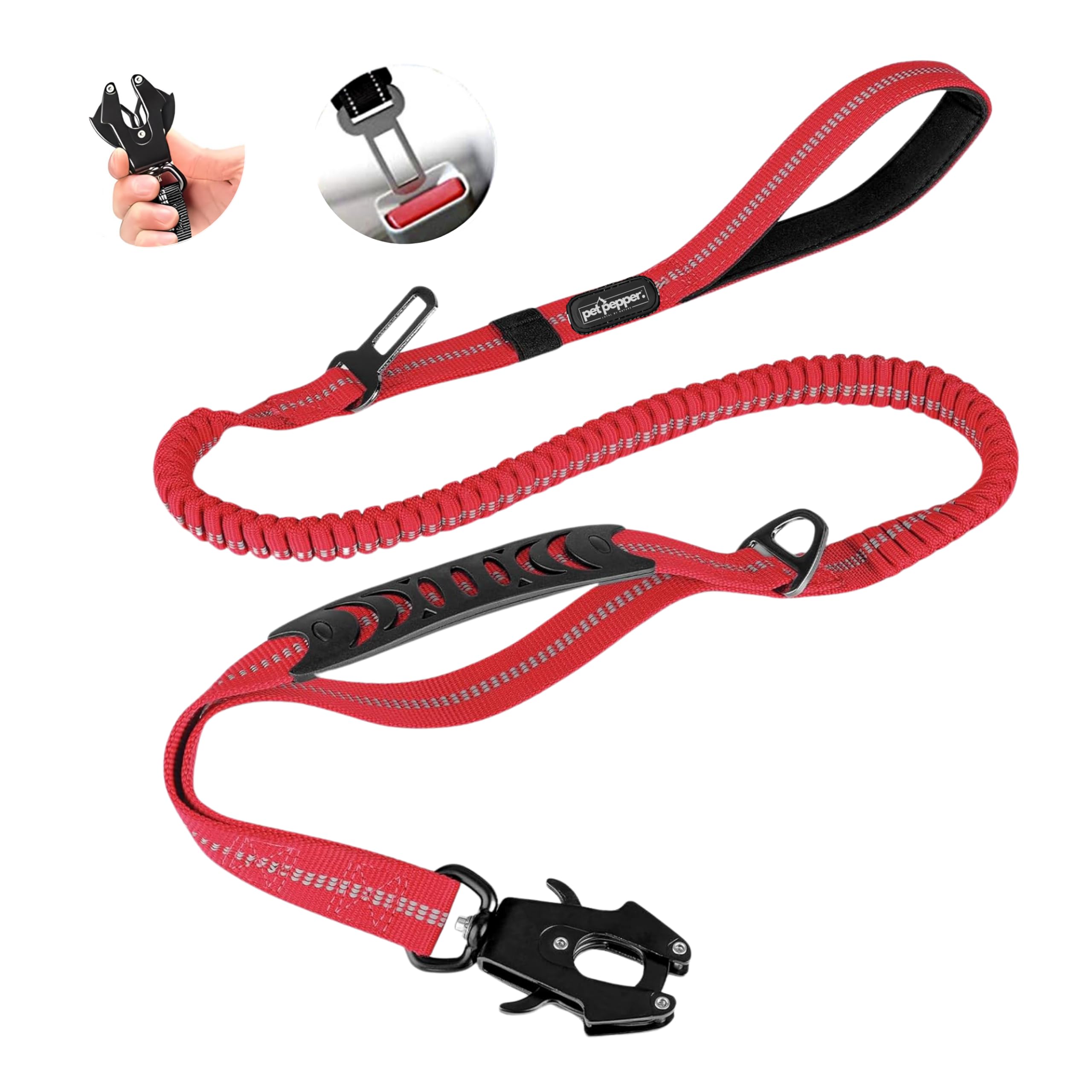 PET PEPPER 5-in-1 Dog Leash - 6 ft Heavy Duty Shock Absorbing Bungee Dog Leash || Highly Reflective Belt with Traffic Handle || Military Grade Metal Clip || Car Seatbelt Buckle (Red) (B0D77MNMP1) Amazon Price History, Amazon Price Tracker