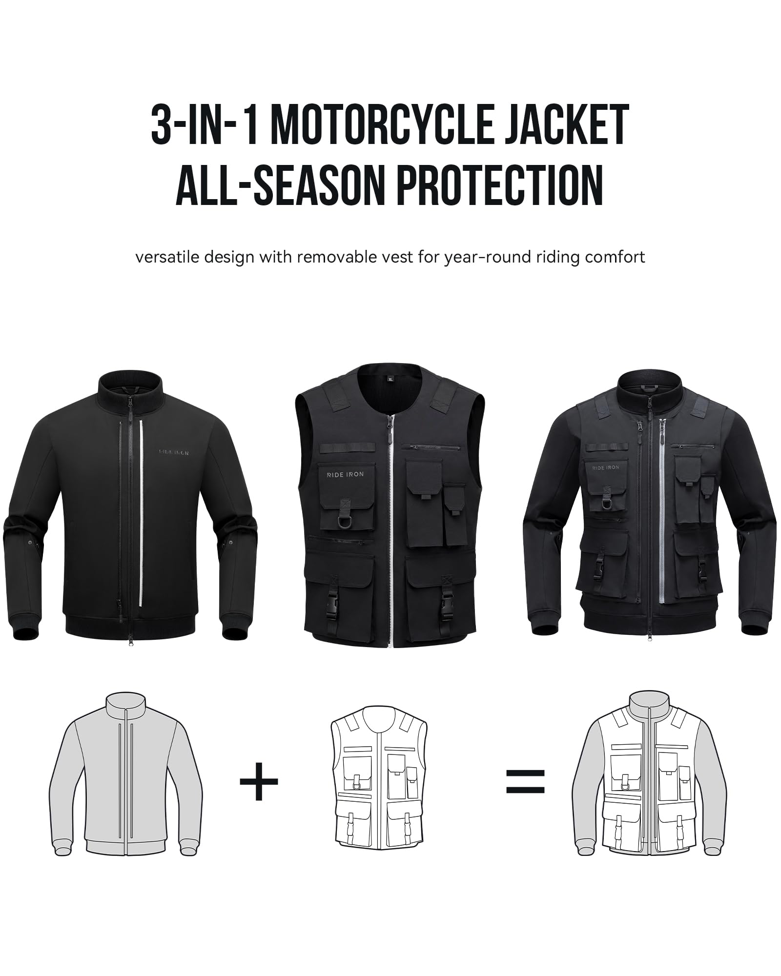 RIDEIRON Vestes Moto Hommes Hiver 3 en 1 Équipement Protection Adapté au Cyclisme Randonnée Sports de Plein Air Noir