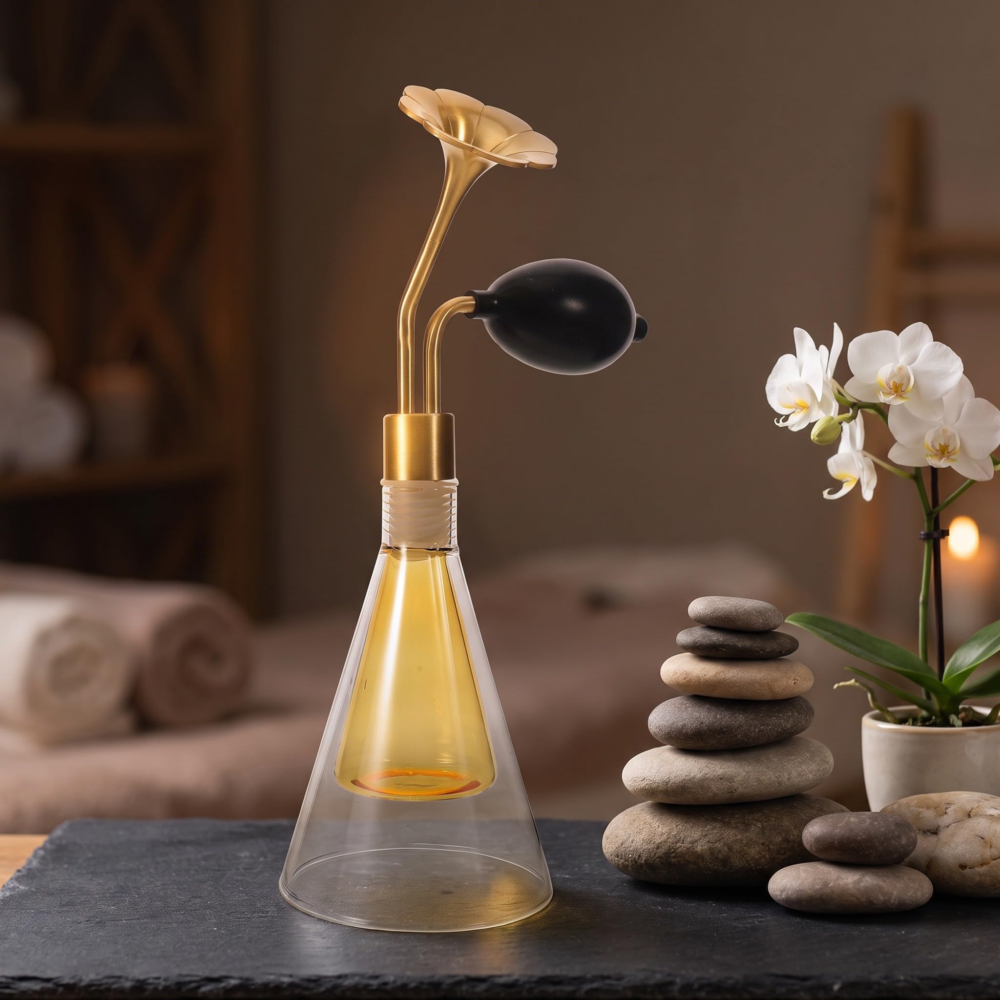 Zerodeko Butelka z atomizerem do perfum z gruszką do wyciskania i mosiężną dyszą kwiatową, 90 ml/3 uncje, napełniany, przezroczysty szklany atomizer do wąchania zapachów, SPA i próbkowania w salonie