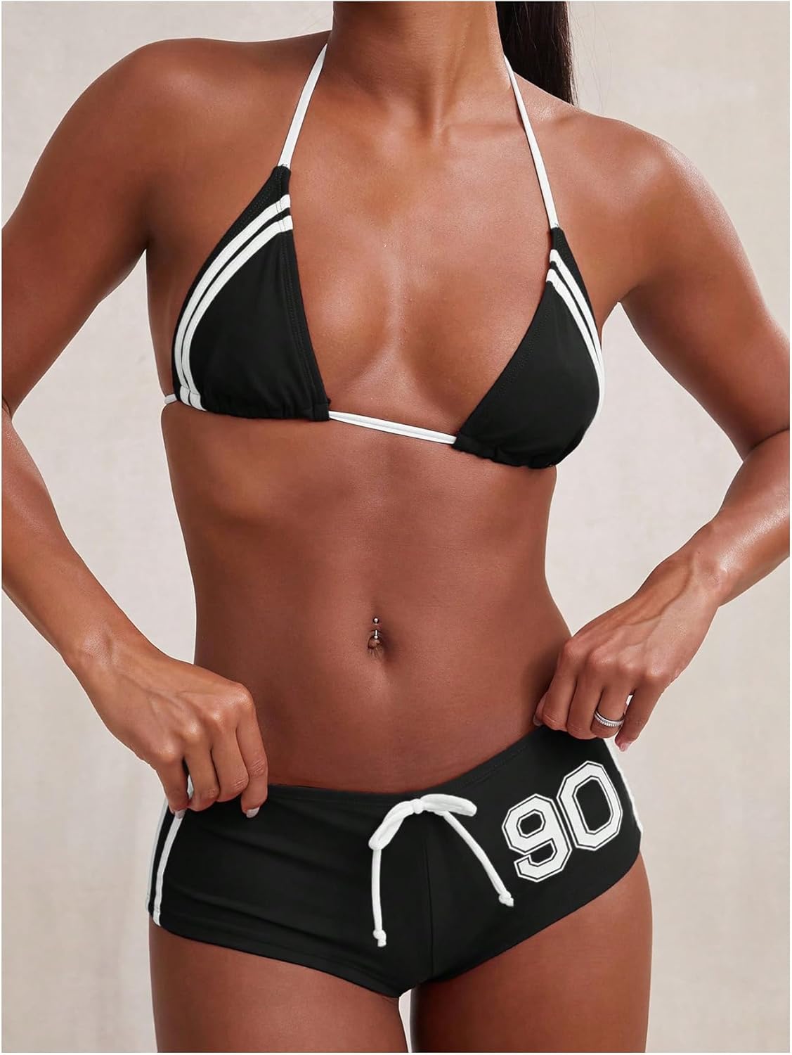 WDIRARA Women's Graphic Halter Triangle String Bikini Set 2 Piece Swimsuit with Shorts