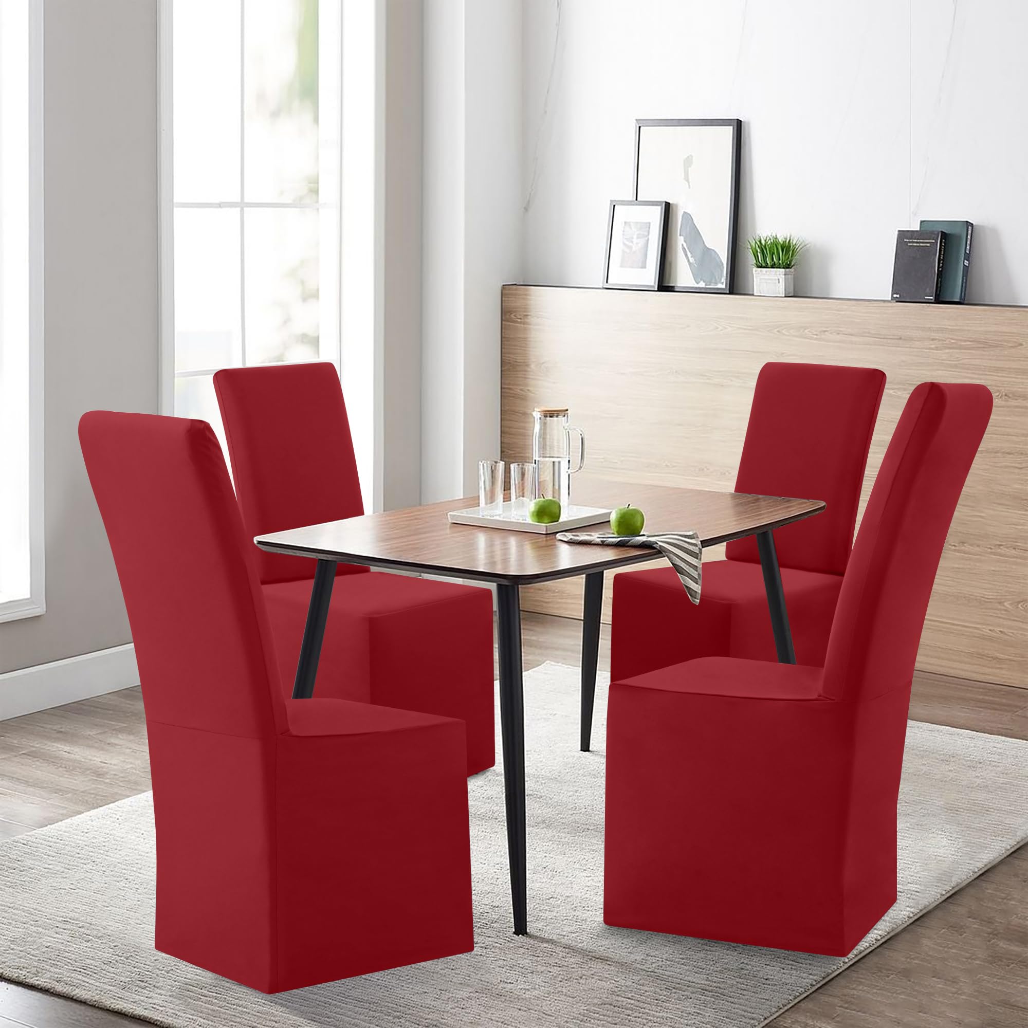 smiry Waterproof Long Dining Chair Covers, Soft Stretch Dining Chair Slipcovers, Full Length Fit High Back Chair Covers for Dining Room Set of 4, Wine Red