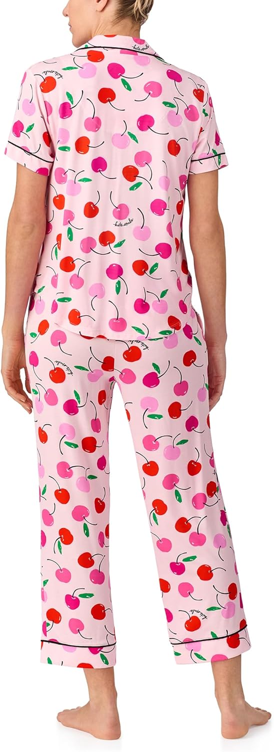 kate spade new york Pajamas for Women 2 Piece Set - Recycled Poly Jersey Notch Collar Short Sleeve Button Top & Cropped Pants - Image 3