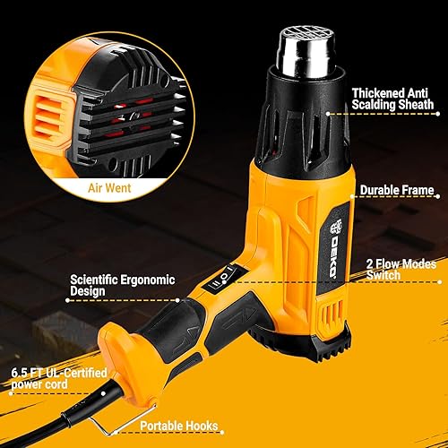Miniatura 4 de DEKOPRO Pistola de calor, kit de pistola de aire caliente de 1500 W con control de temperatura variable, 716 -1112  (716.0 F -1,112.0 F), pistolas