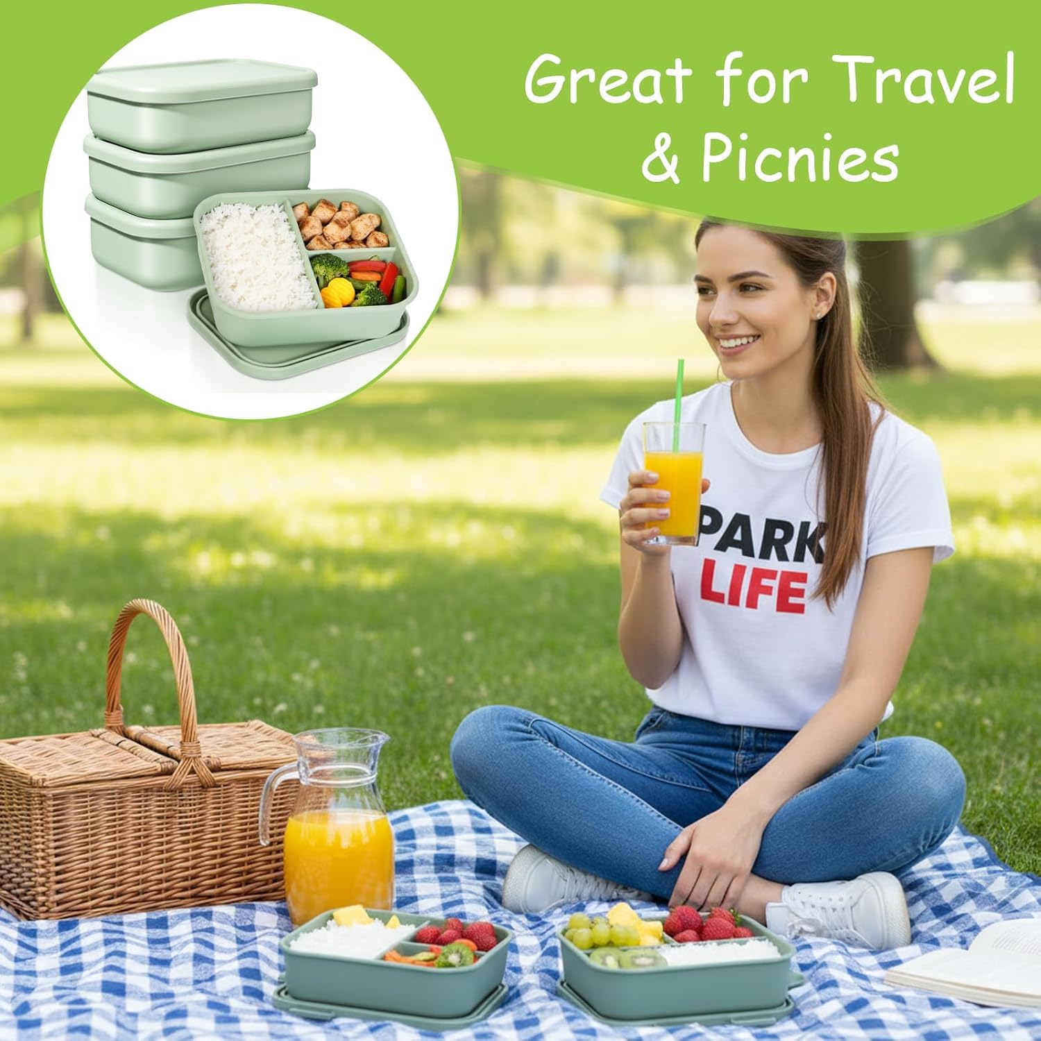 4 Pcs Silicone Bento Box, 3 Compartment Reusable Leakproof Silicone Lunch Container, Microwave & Dishwasher Safe, Small Bento Box for Entree Side Food Snack Storage(Olive Green) - Image 6