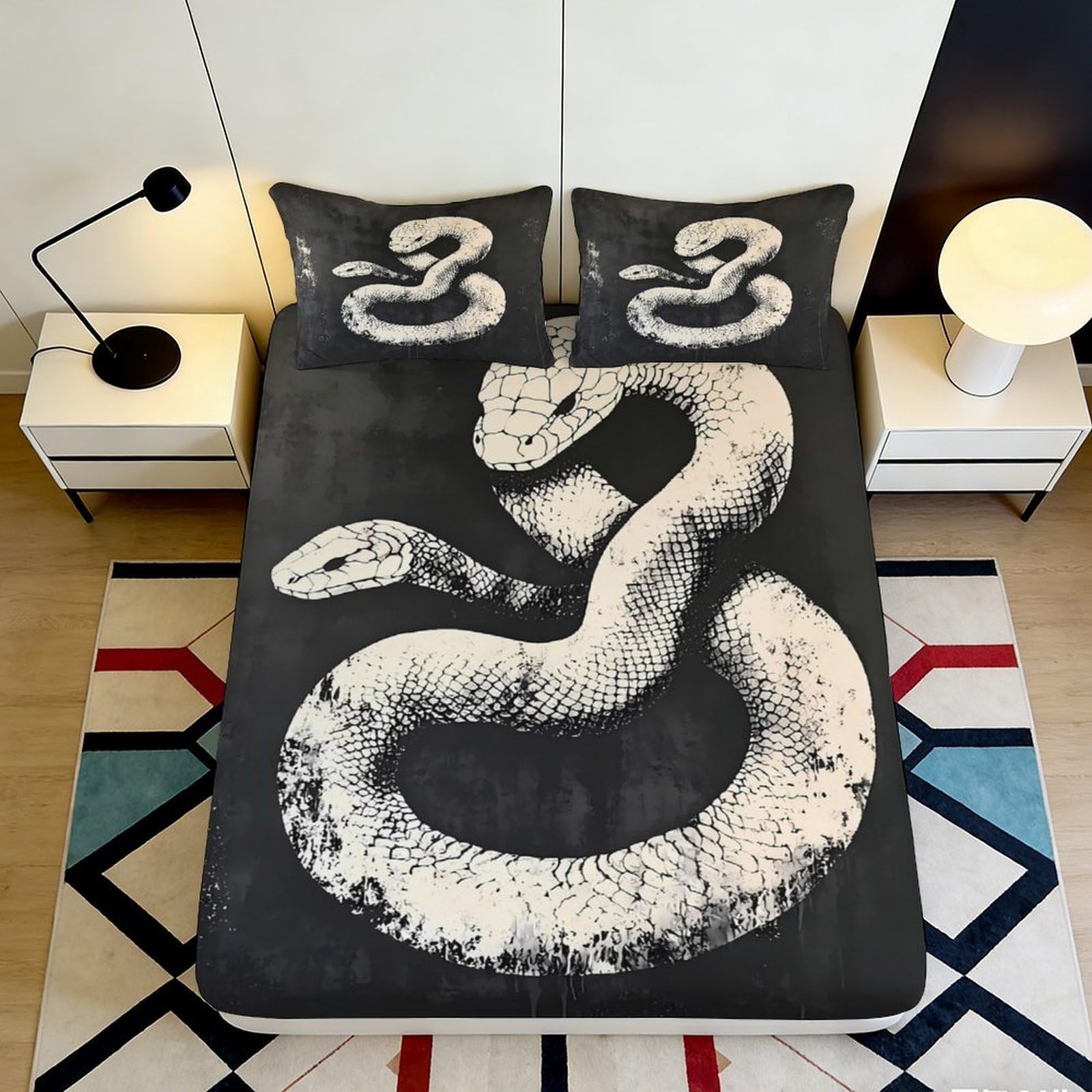 Uynsixtme Style-2 3D Printed Snake Pattern Fitted Sheet Microfiber Non-Slip Deep Pocket Bedroom Bedding Snake Mattress Fitted Cover Washable Full Wrap 90X200x25cm