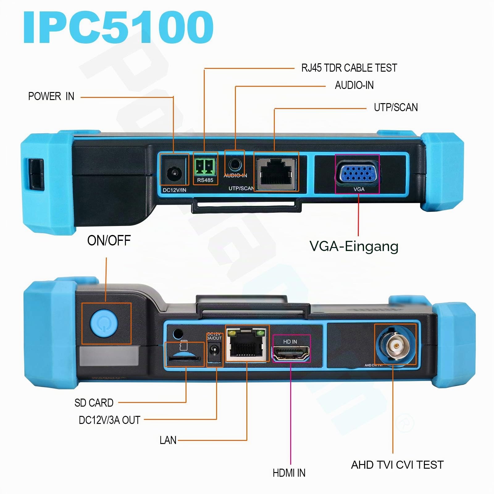 CCTV Tester Monitor 5 Zoll Touchscreen IP AHD TVI CVI Kamera Tester Analoger Kameratest Unterstützung POE WIFI PTZ 1080P H.265 IPC-5100 Plus Upgrade/Kameratest zu DC12V Ausgang