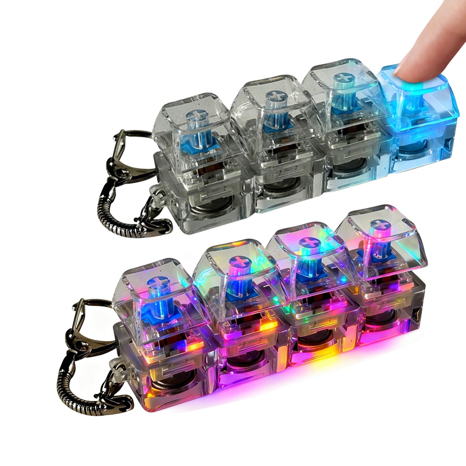 2Pcs Keyboard Fidget Toy Light Up, 4 Button Clicky Keychain Stress Relief Toy, Portable LED Light Up Fidgets Keyring for Adults Kids, Sensory Calming Toys for Office School Travel