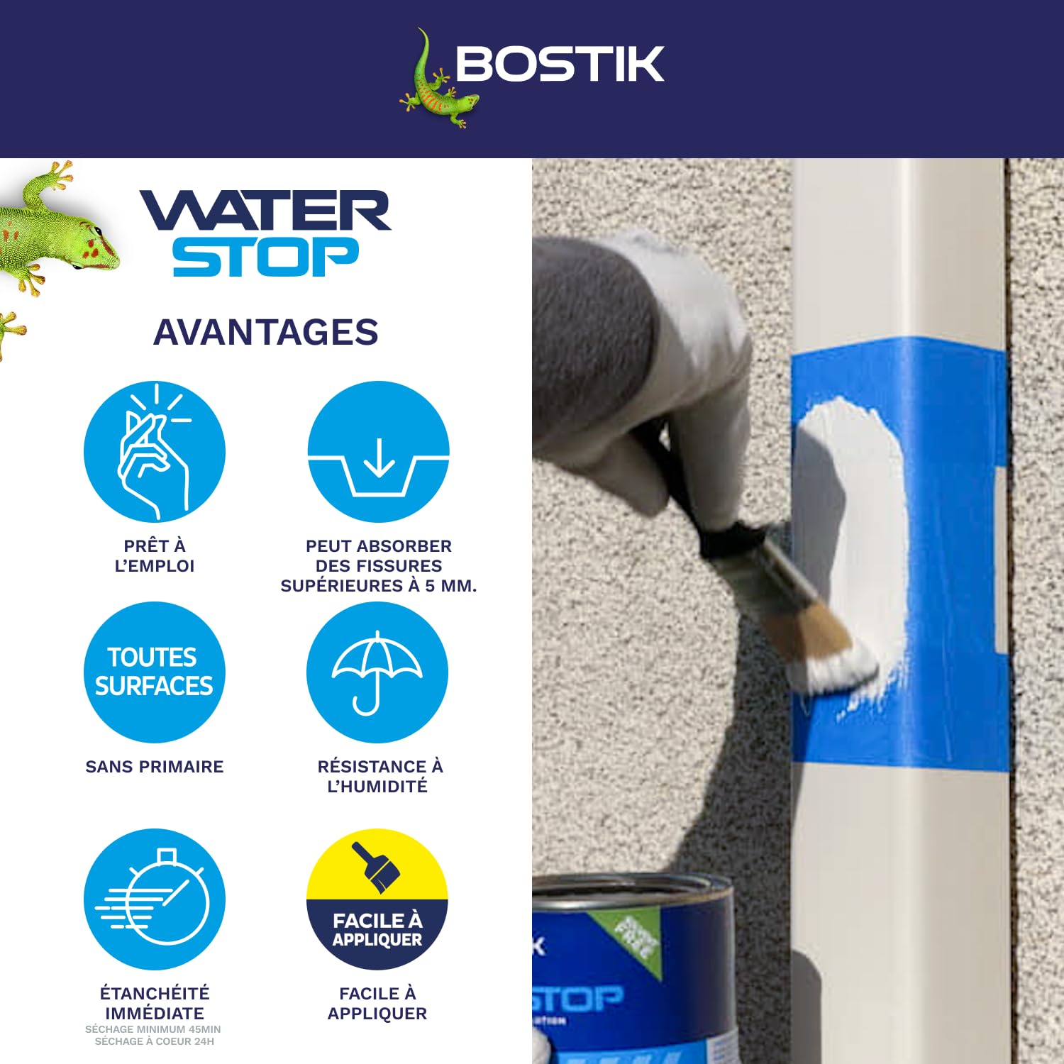 Bostik Membrana de sellado Waterstop - Junta, pegamento, boca - Reparación de fugas, infiltraciones, grietas - todos los materiales - Directa sin imprimación - MS Polímero - Blanco - Bote 1 kg