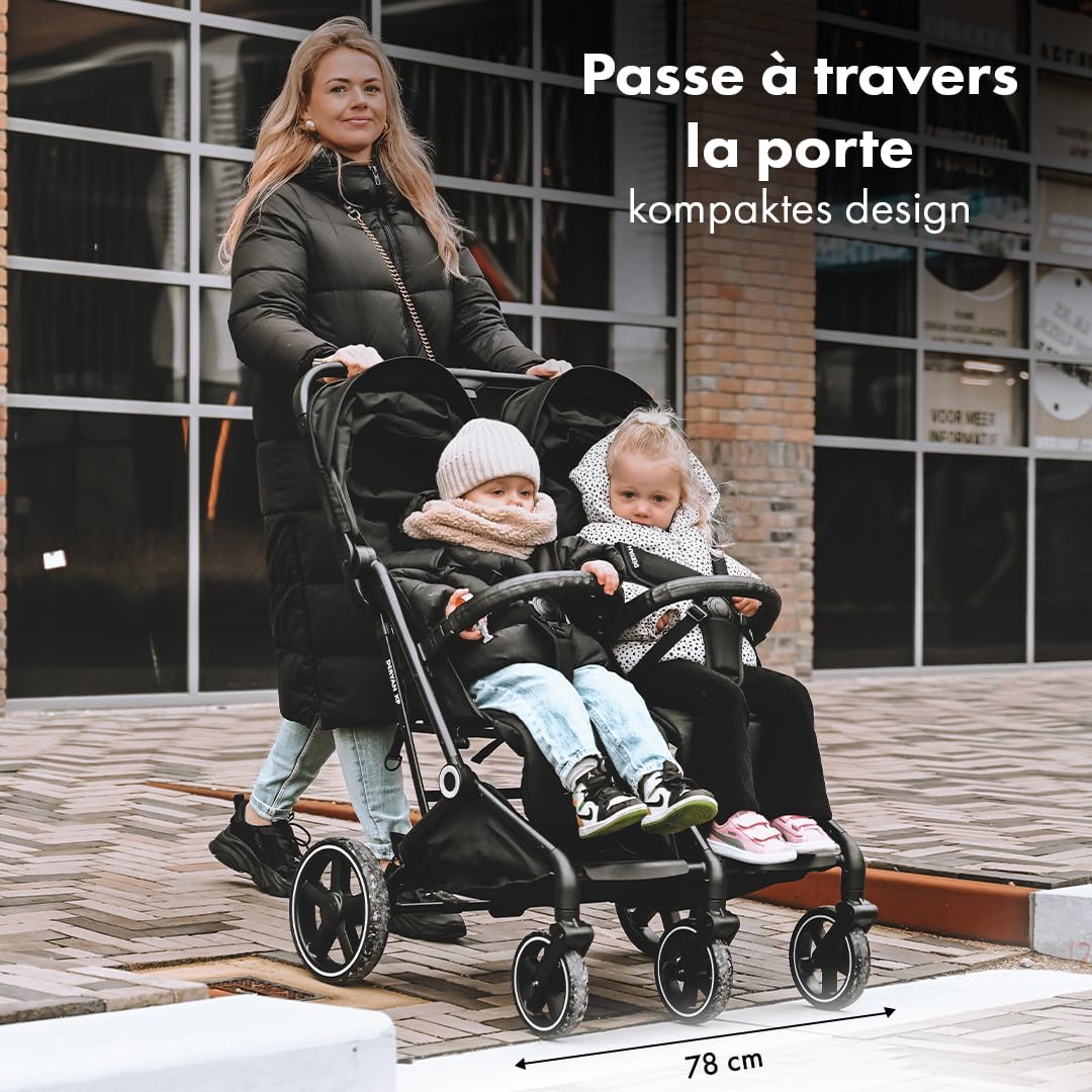 Passeggino Deryan XP X2 2 in 1 - Compatto e pieghevole - Adatto dalla nascita fino a 4 anni - Passeggino con portata massima di 22 kg per sedile - Nero