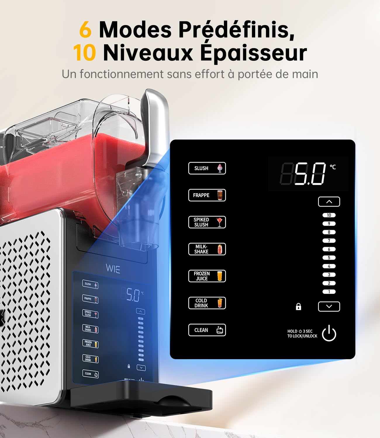 WIE Slush Machine 2.6L Sans Glace Machine à Granité mit 6 Programmes Autonettoyage Slush Maker pour Maison, Fabricant de Slush pour Margarita, Cocktail, Milkshake, Frappé