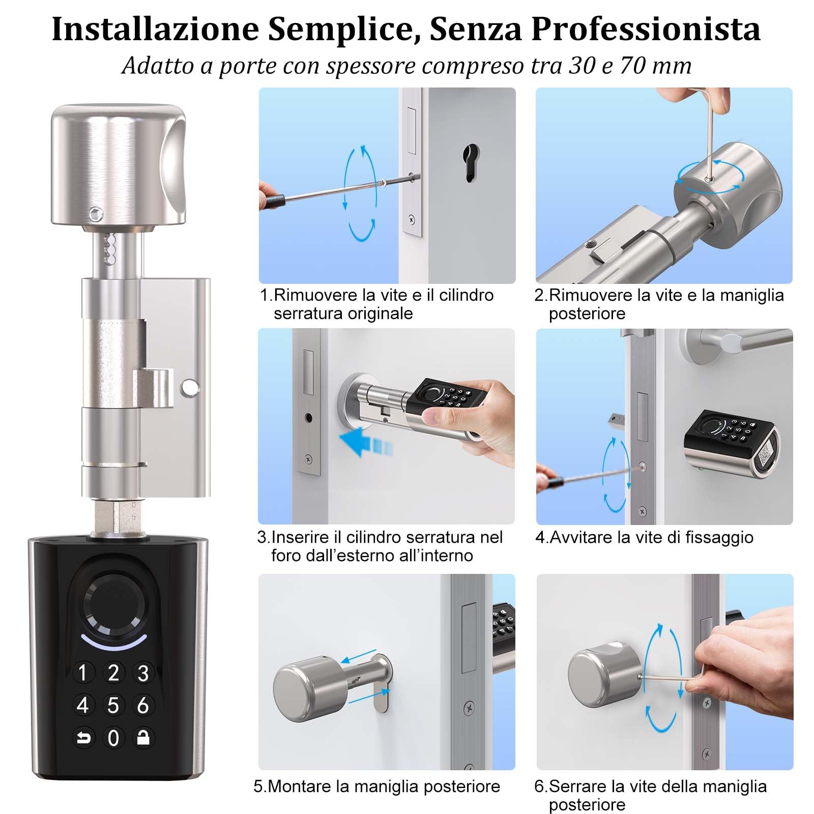 WELOCK ToucA51 Serratura Intelligente Smart,Serratura Elettronica con Impronta Digitale,Codice,Scheda RFID,APP Bluetooth,Compatibile Porta Blindata,Senza Chiave,Ideale B&B e Appartamenti(Porte 30-70mm