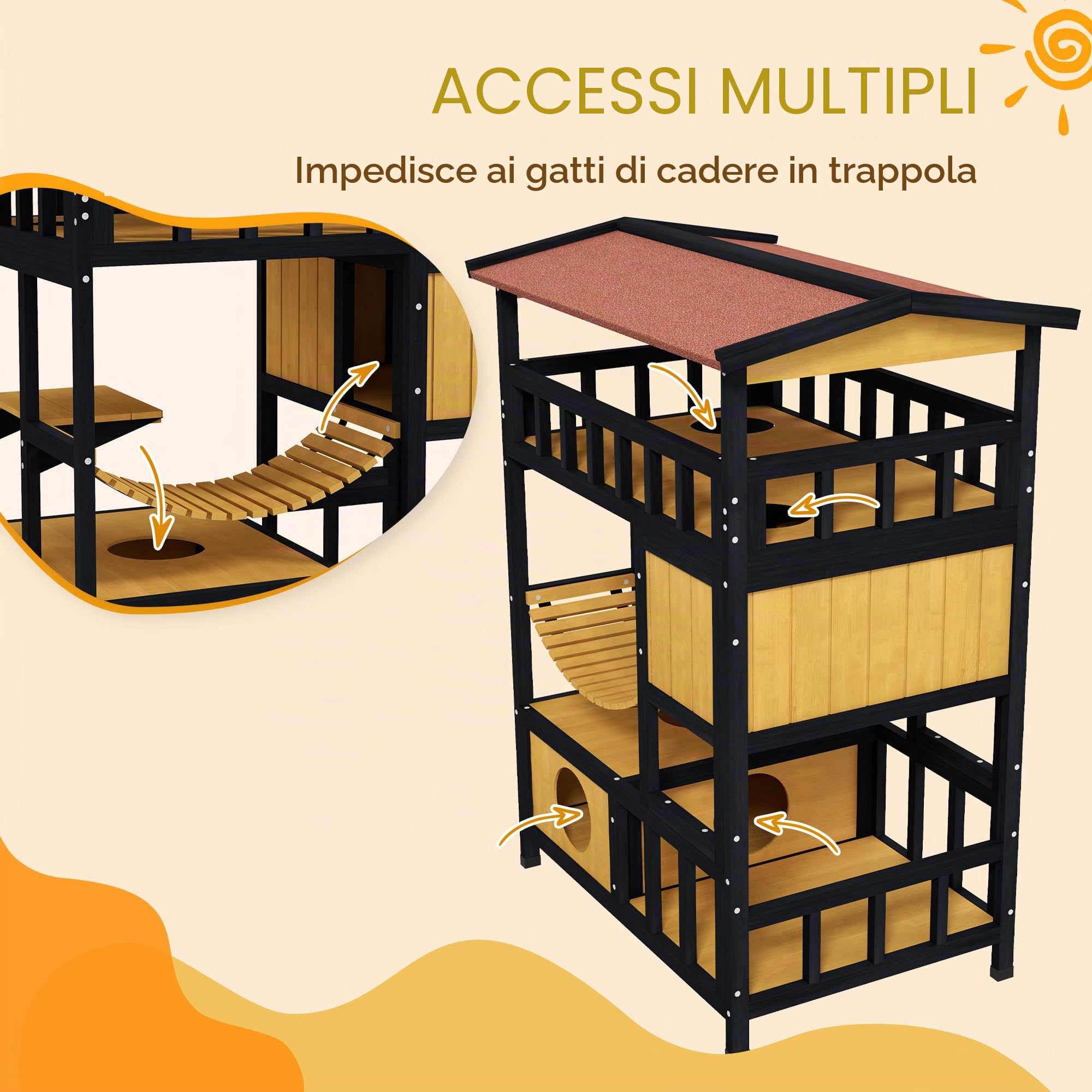 PawHut casa per gatti in legno, grotta per gatti con piattaforme, ponte sospeso, rifugio per gatti fino a 2 gatti, interno ed esterno, giallo