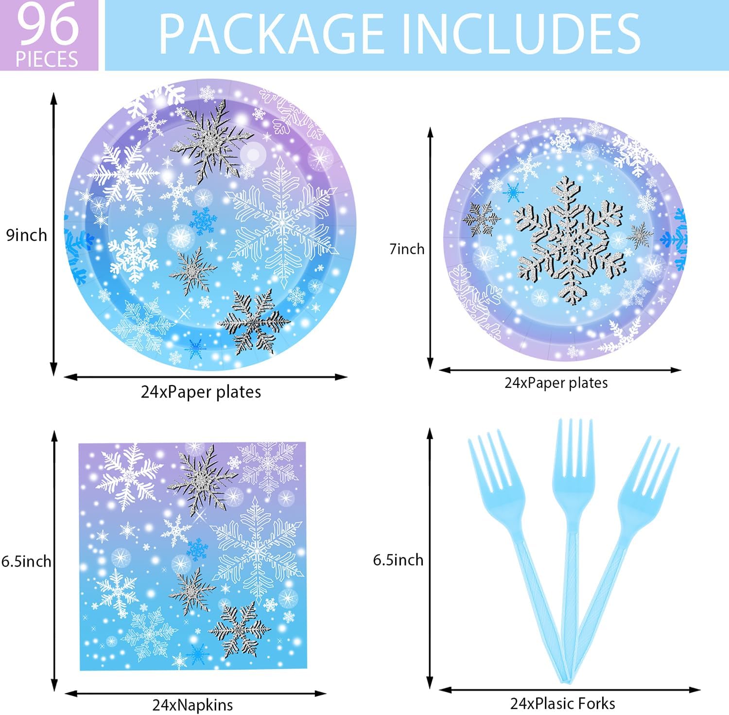 Winter Snowflake Birthday Party Supplies 96 PCS Christmas Snowflake Paper Plates and Napkins Forks Disposable Tableware Set for Christmas Winter Wonderland Frozen-theme Party Decorations - Image 2