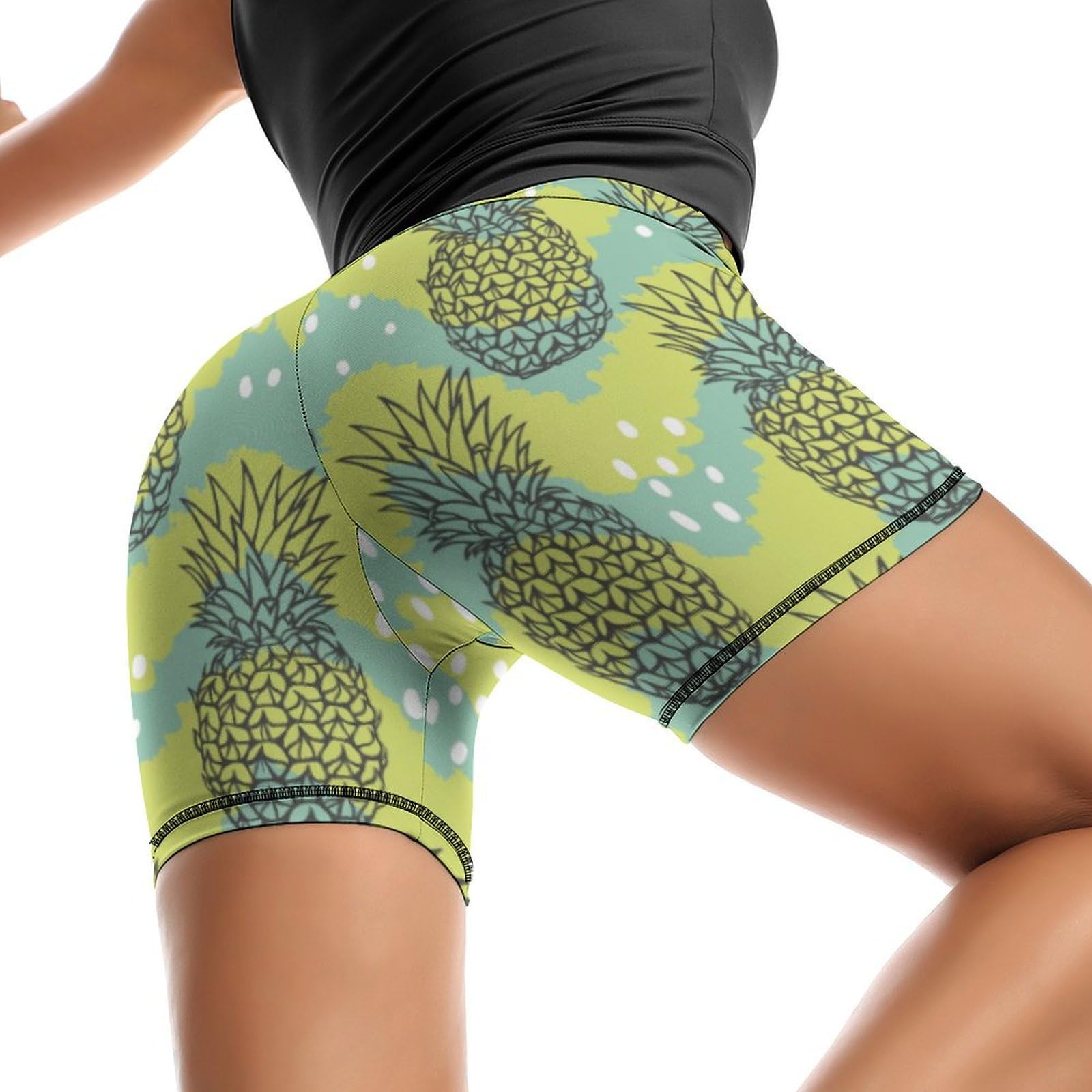 JYYAU Tropical Fruit of Pineapple Pattern High Waist Yoga Shorts for Women Athletic Shorts Leggings Running Pants Black