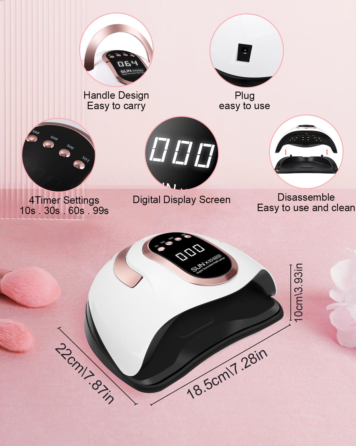 220W LED Nail Polish UV Lamp, Professional LED UV Nail Polish Dryer | With 60 Lamp Beads, 10/30/60/99S Fast Drying, For All Gels, Automatic Nail Polish Machine (rose)
