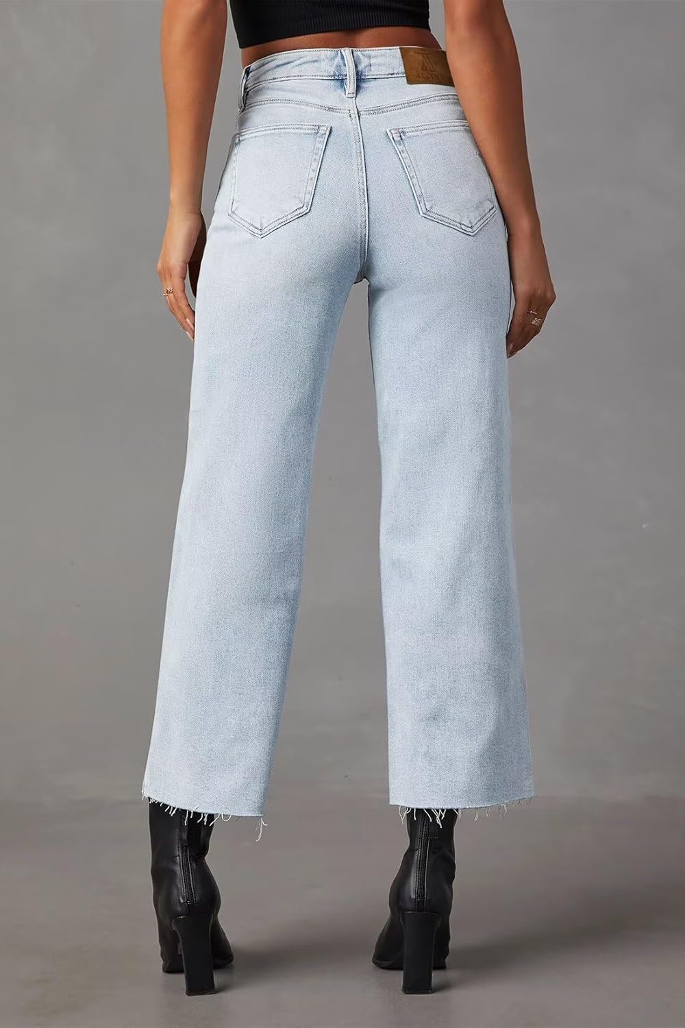 Allimy Women's High Waisted Straight Ankle Wide Leg Ripped Jeans Frayed Hem Stretchy Capri Denim Pants - Image 4